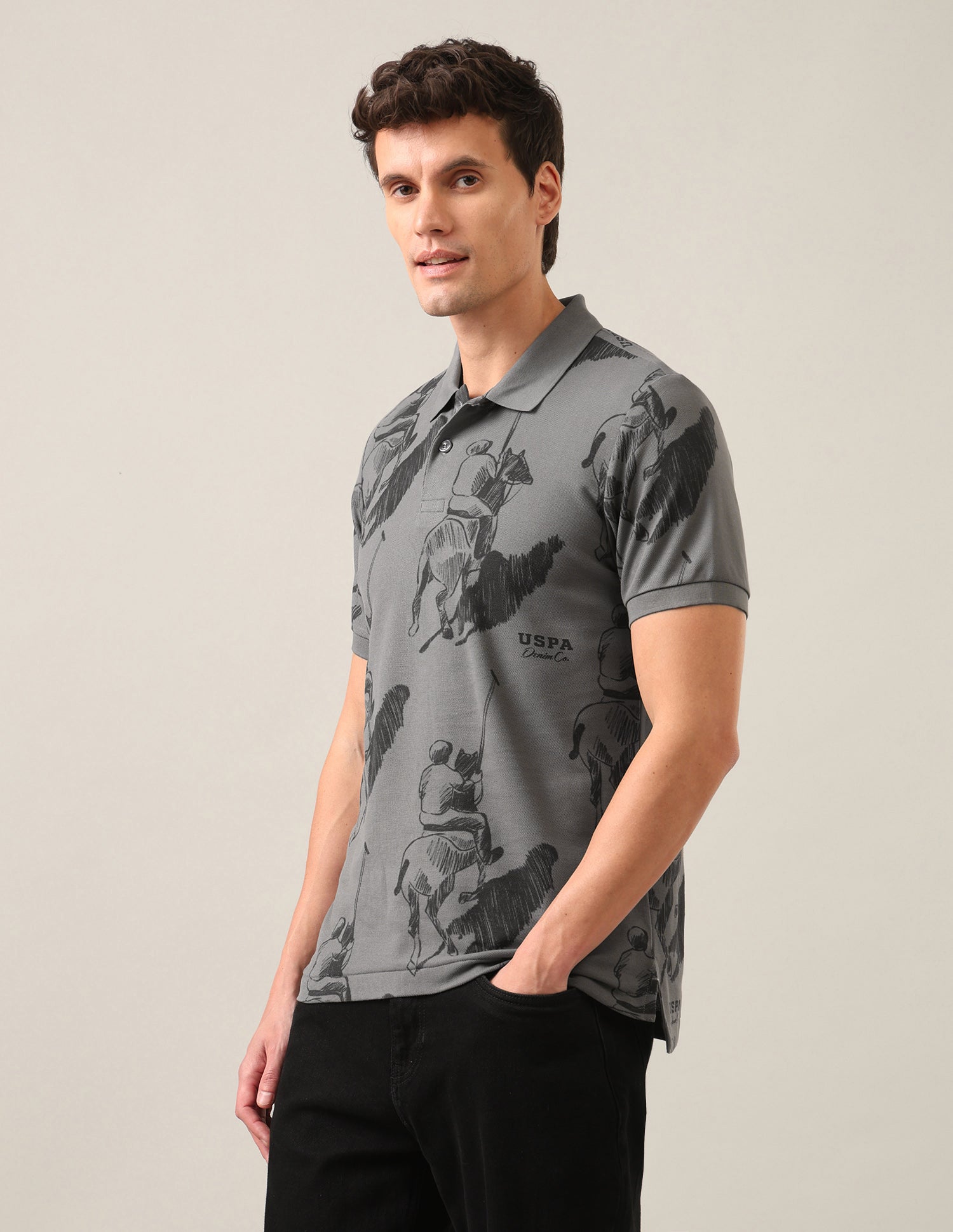 Graphic Brand Printed Slim Fit Polo Shirt Dark Grey - U.S. Polo Assn. India | Large
