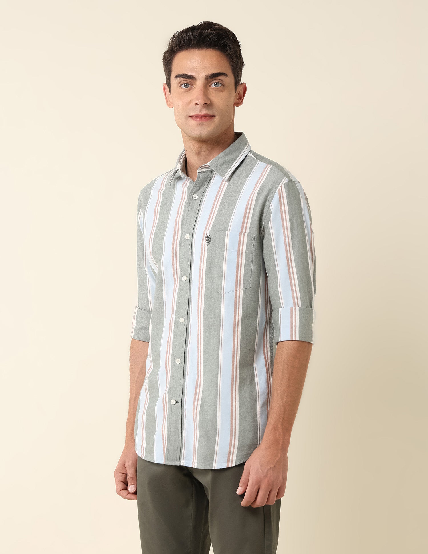 Vertical Striped Pure Cotton Shirt Dark Green - U.S. Polo Assn. India | Large