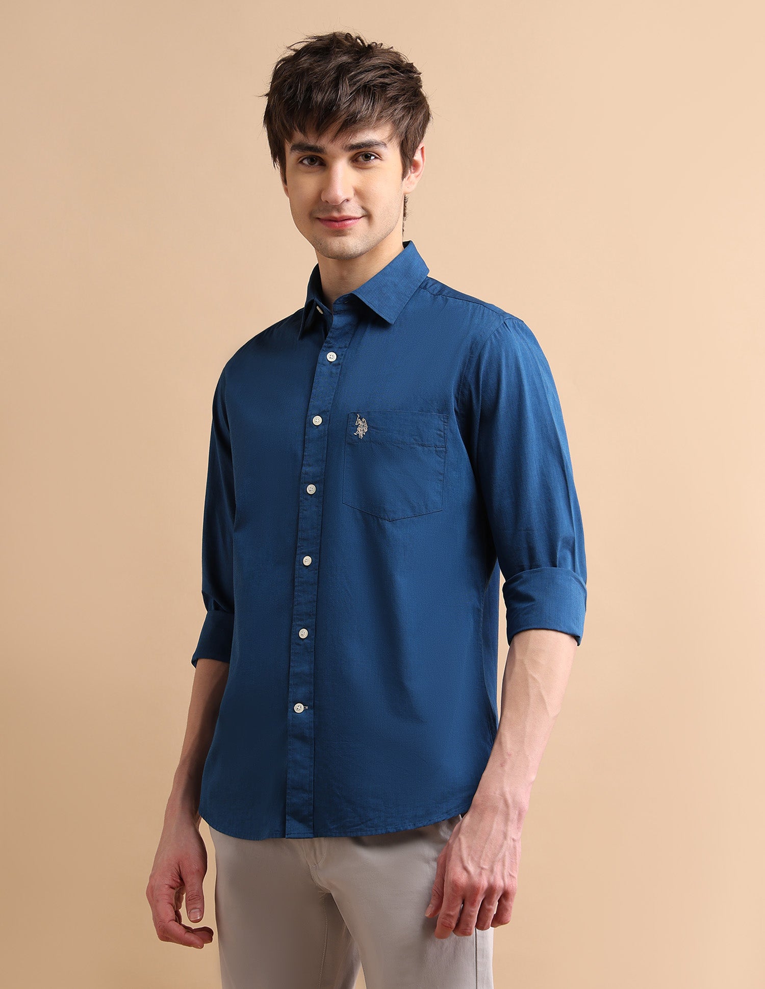 Textured Cotton Shirt Dark Blue - U.S. POLO ASSN. | Large
