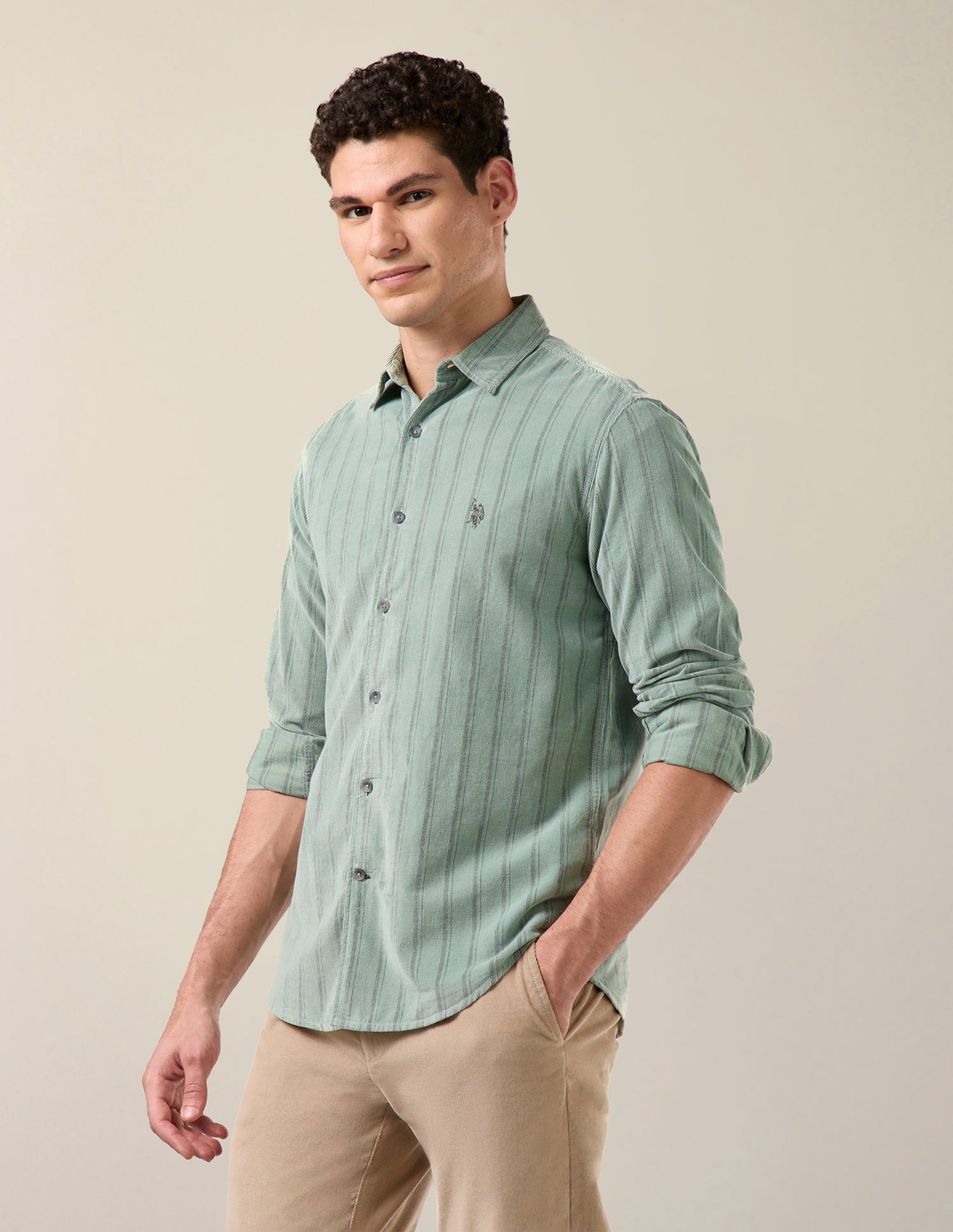 Vertical Striped Corduroy Shirt Light Green - U.S. Polo Assn. India | Large