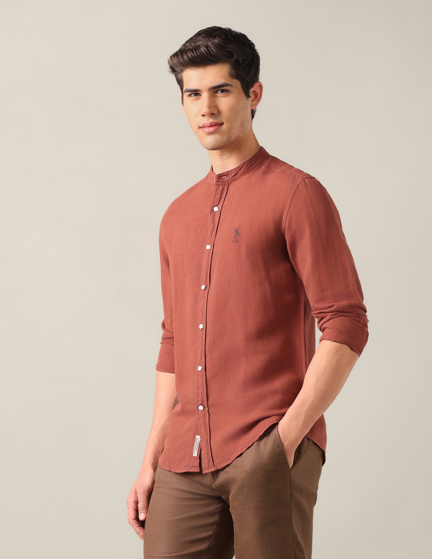 Solid Mandarin Shirt Brown - U.S. Polo Assn. India | Large