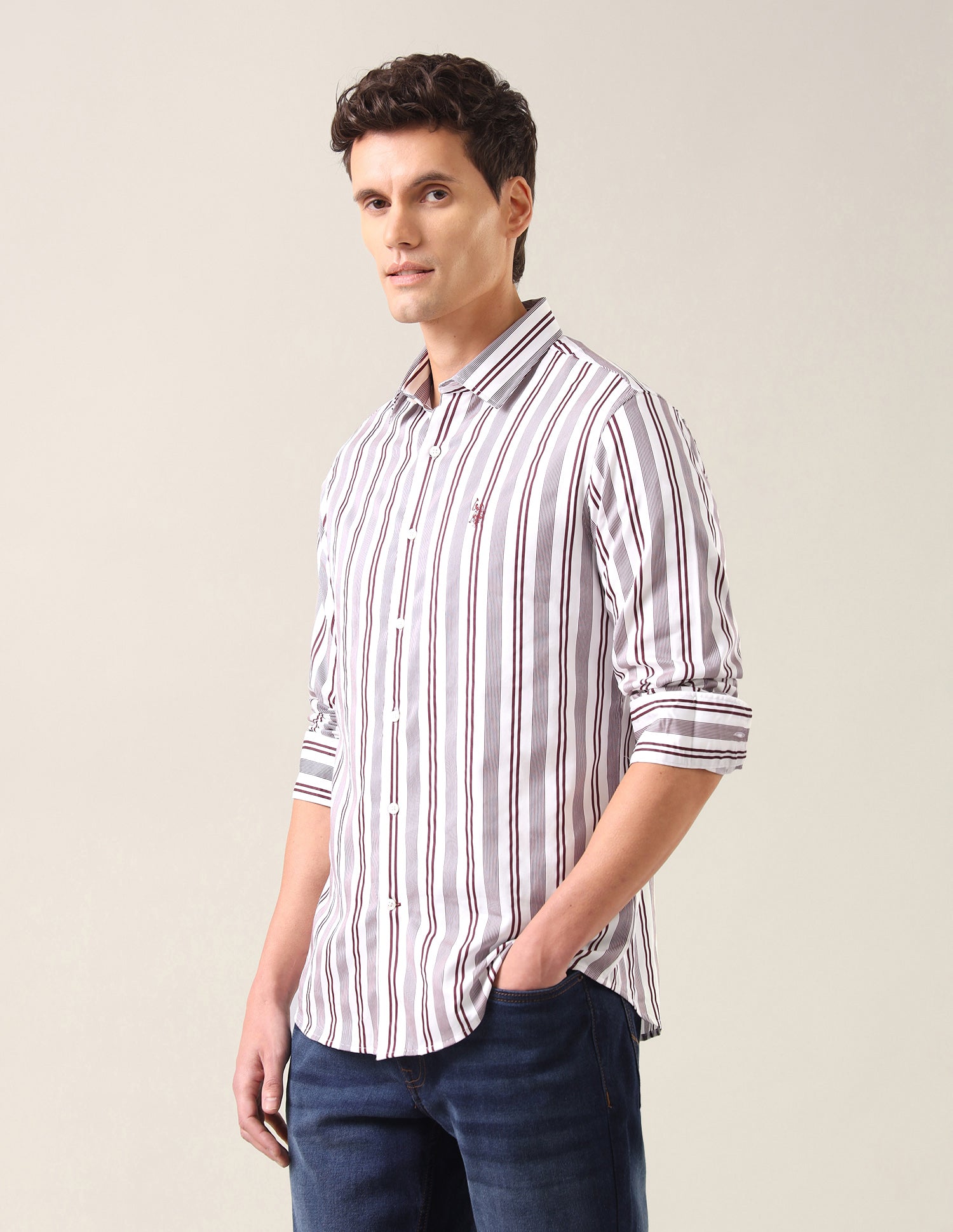 Vertical Striped Satin Shirt Maroon - U.S. Polo Assn. India | Large