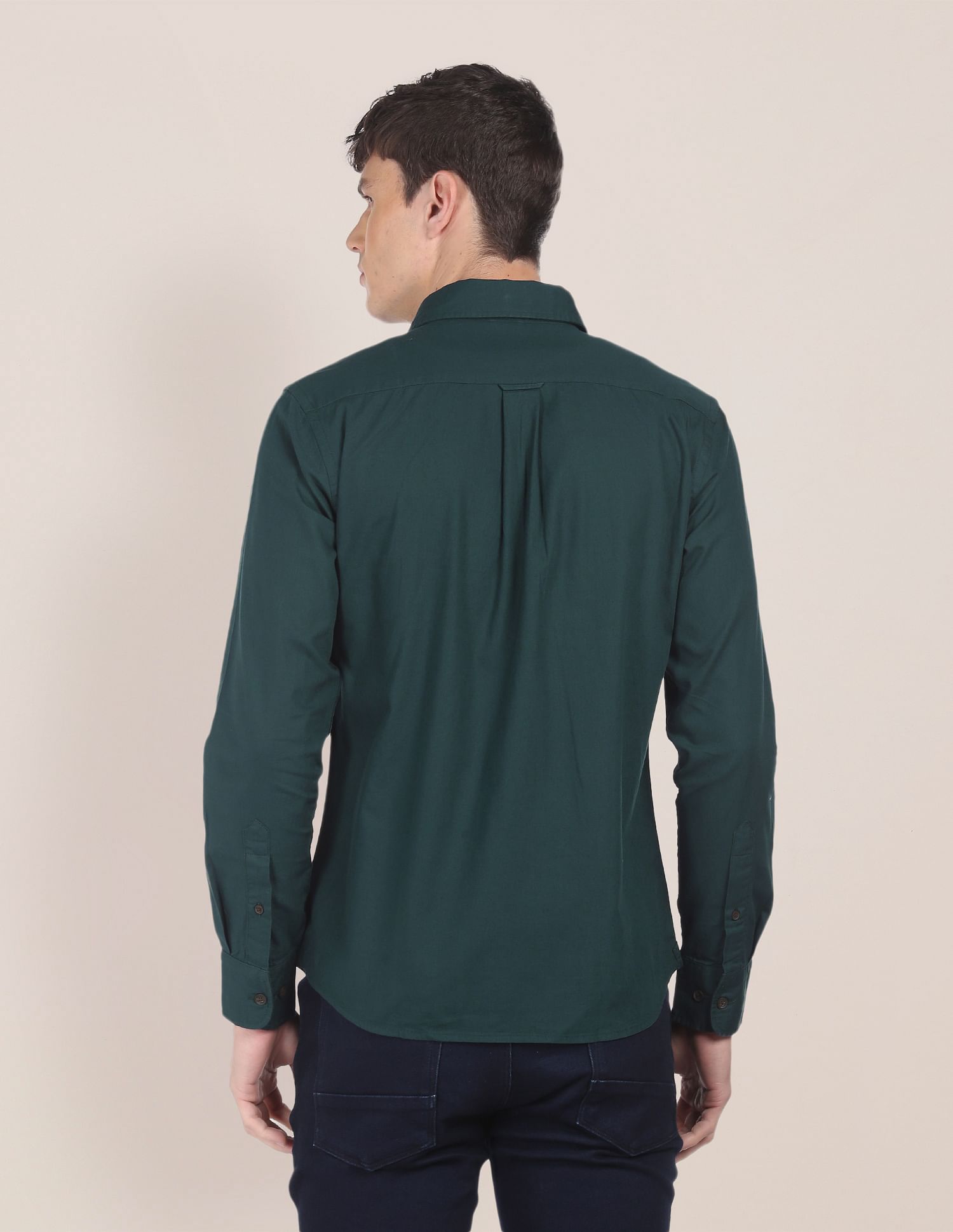 Men Dark Green Spread Collar Solid Casual Shirt Dark Green - U.S. POLO ASSN. | Large