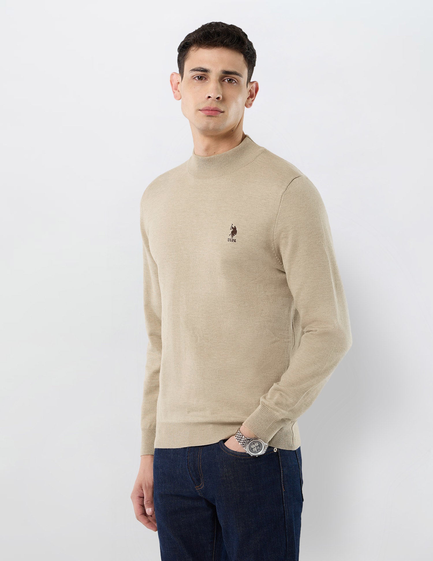 Solid Regular Fit Sweater Beige - U.S. POLO ASSN. | Large
