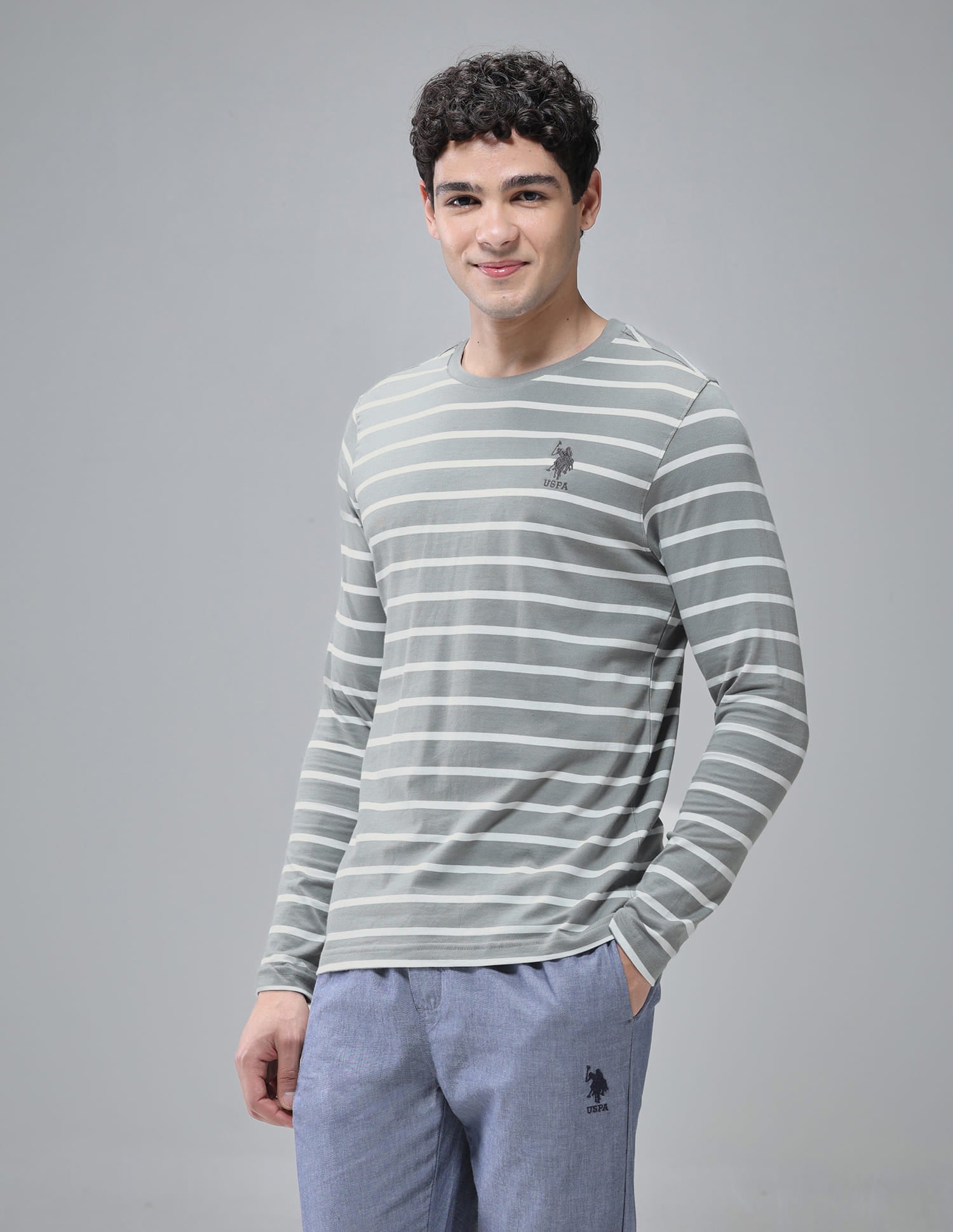 Horizontal Striped Pure Cotton I689 Lounge T-Shirt - Pack Of 1 Ghost Grey / White - U.S. Polo Assn. India | Large