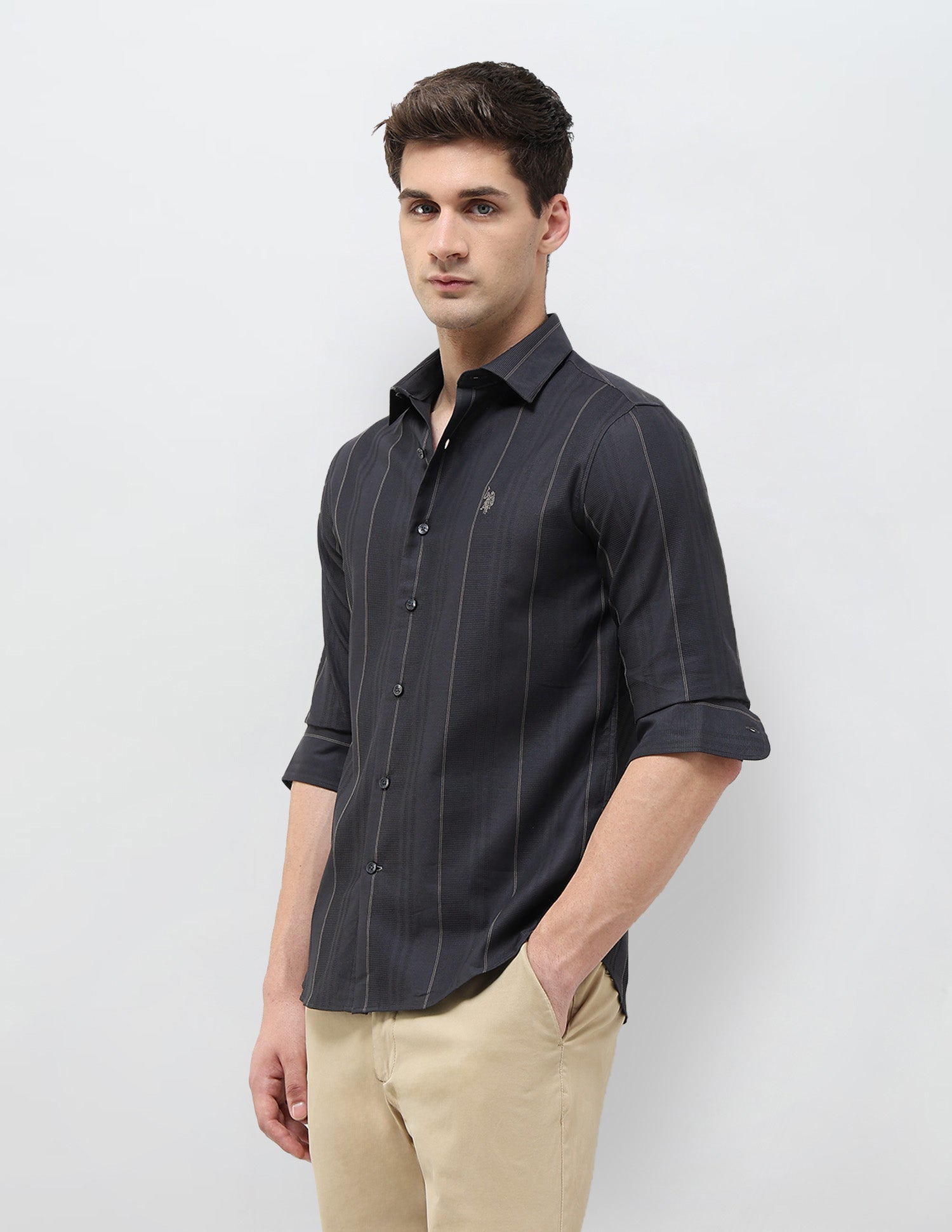 Textured With Vertical Striped Dobby Shirt Dark Grey - U.S. POLO ASSN. | Large