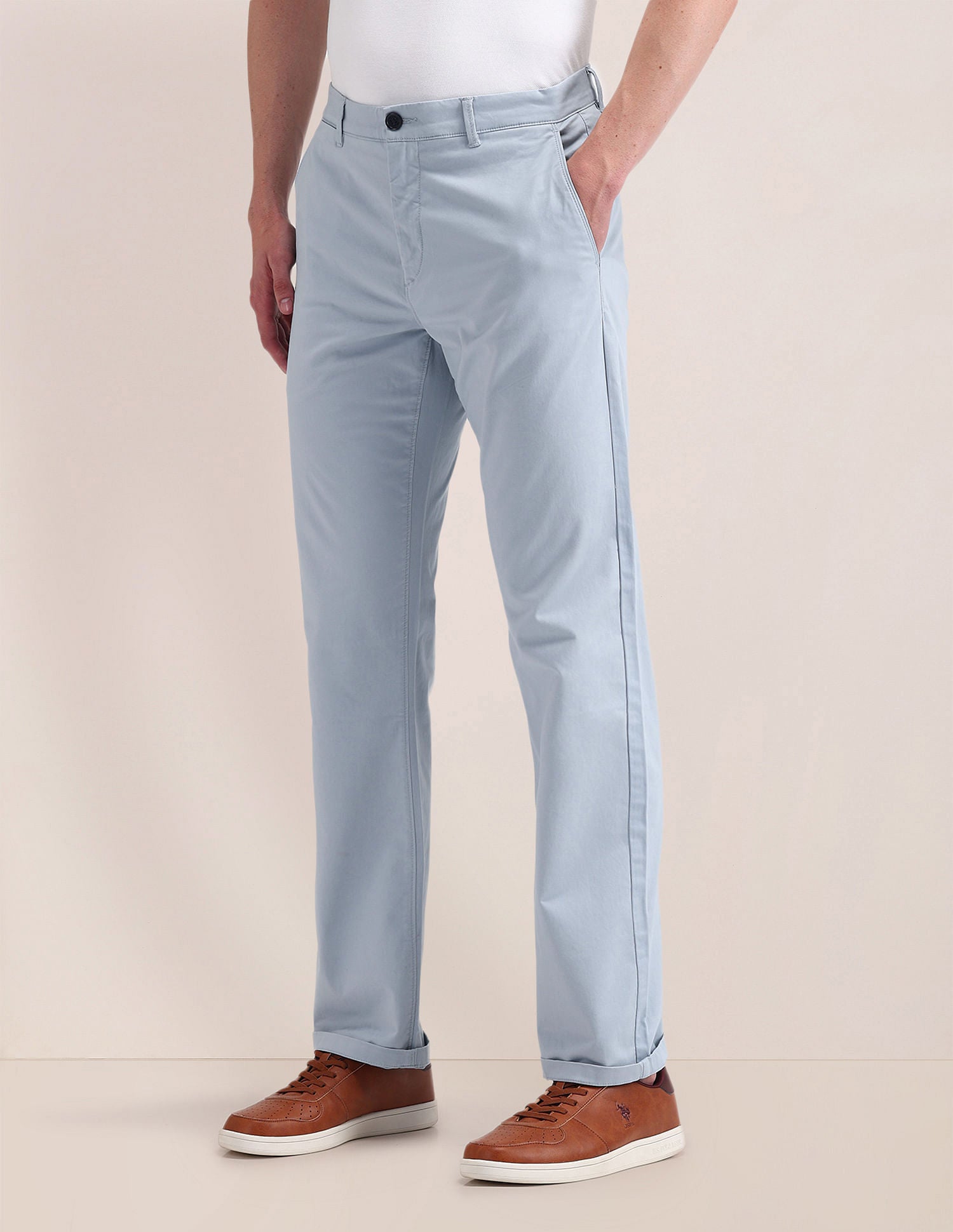 Riley Straight Fit Solid Trousers Light-Blue - U.S. Polo Assn. India | Large