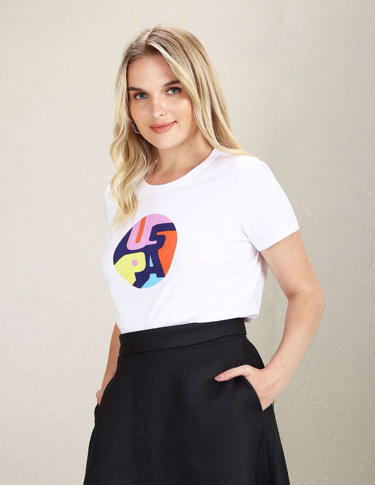 Ribbed Neck Circle Brand Print T-Shirt White - U.S. POLO ASSN. | Large