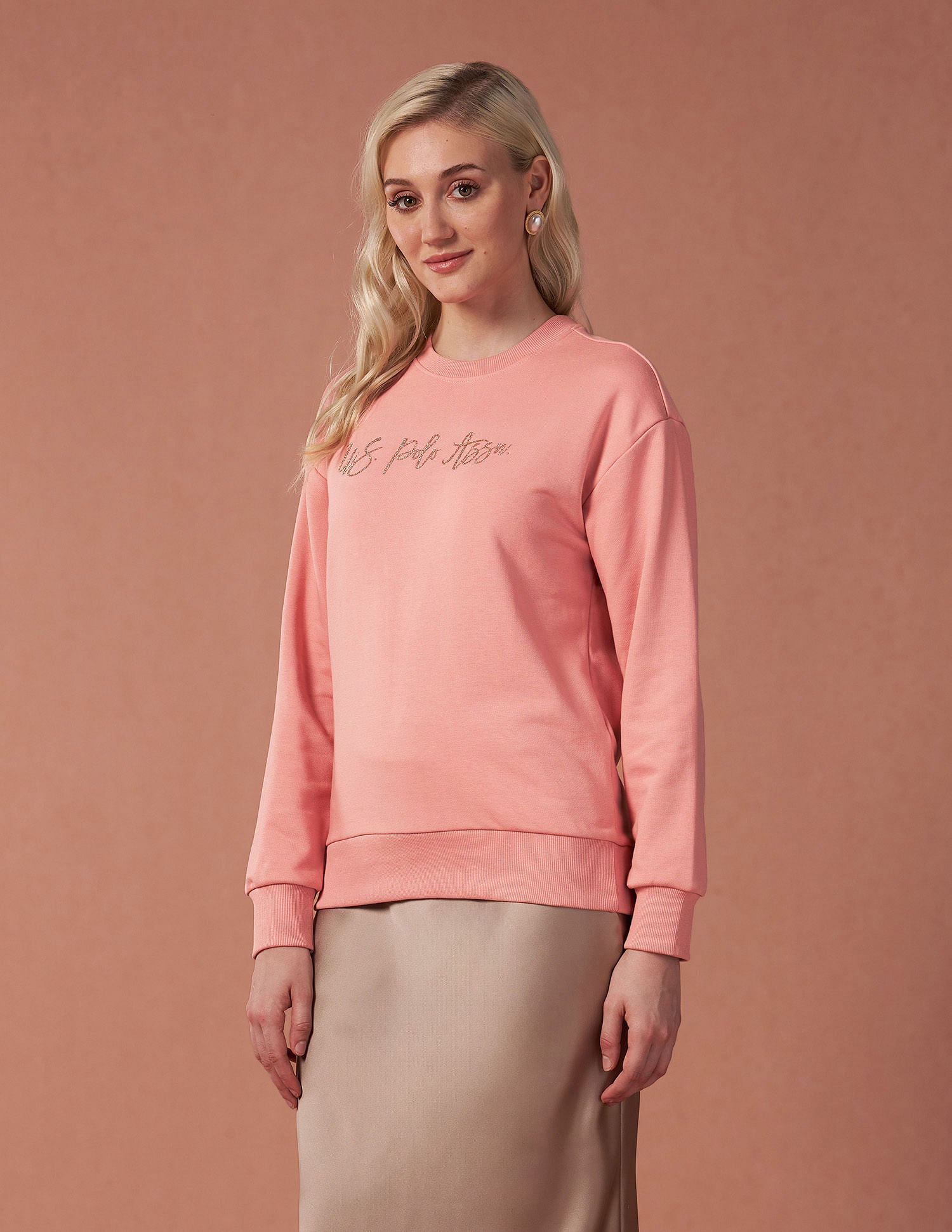 Drop Shoulder Glitter Print Sweatshirt Peach - U.S. POLO ASSN. | Large