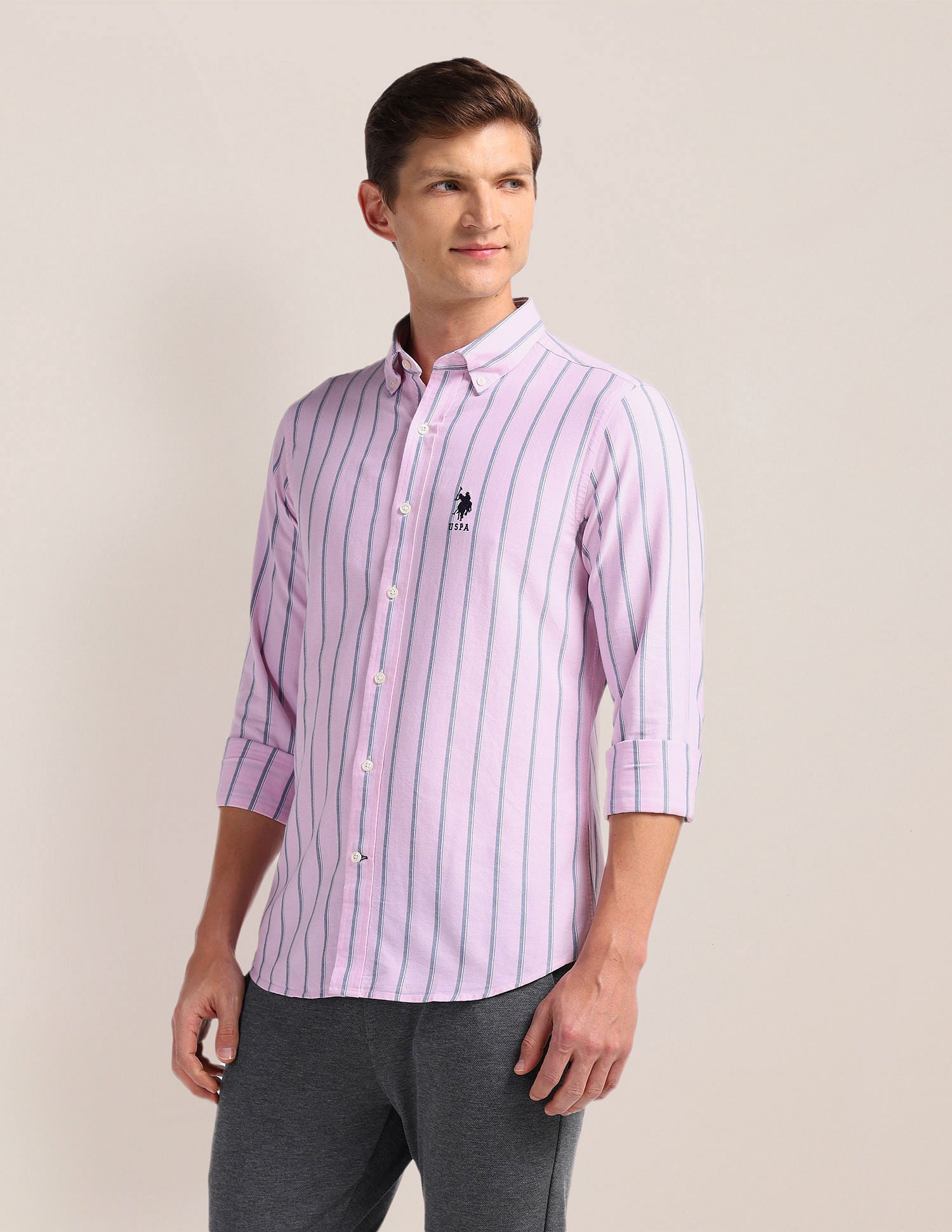 Vertical Stripes Pure Cotton Shirt Pink - U.S. POLO ASSN. | Large