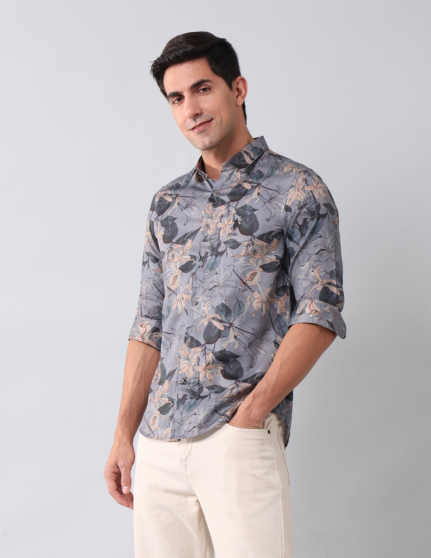 Regular Fit Floral Printed Shirt Dark Grey - U.S. Polo Assn. India | Large