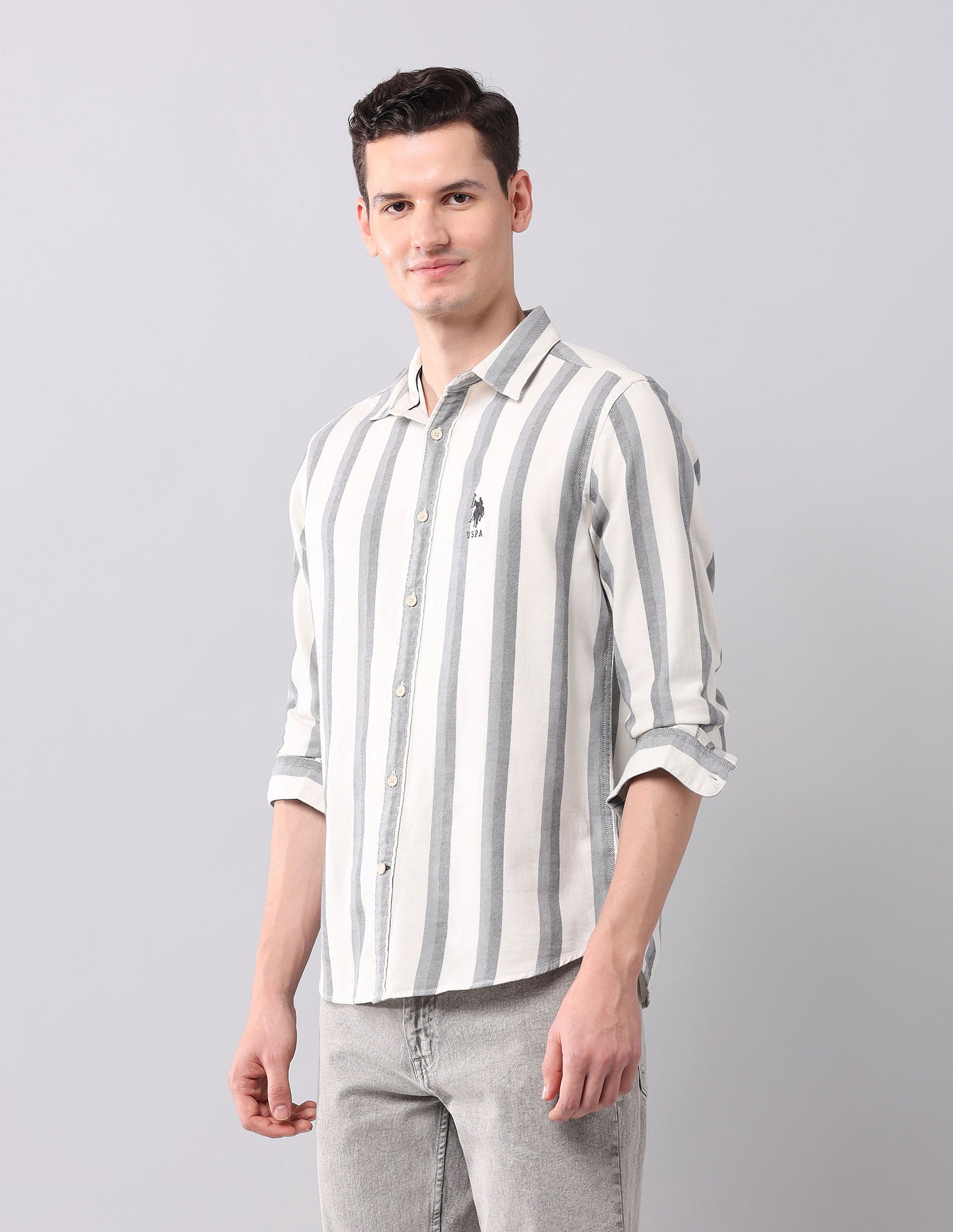 Vertical Striped Pure Cotton Shirt Ivory - U.S. Polo Assn. India | Large