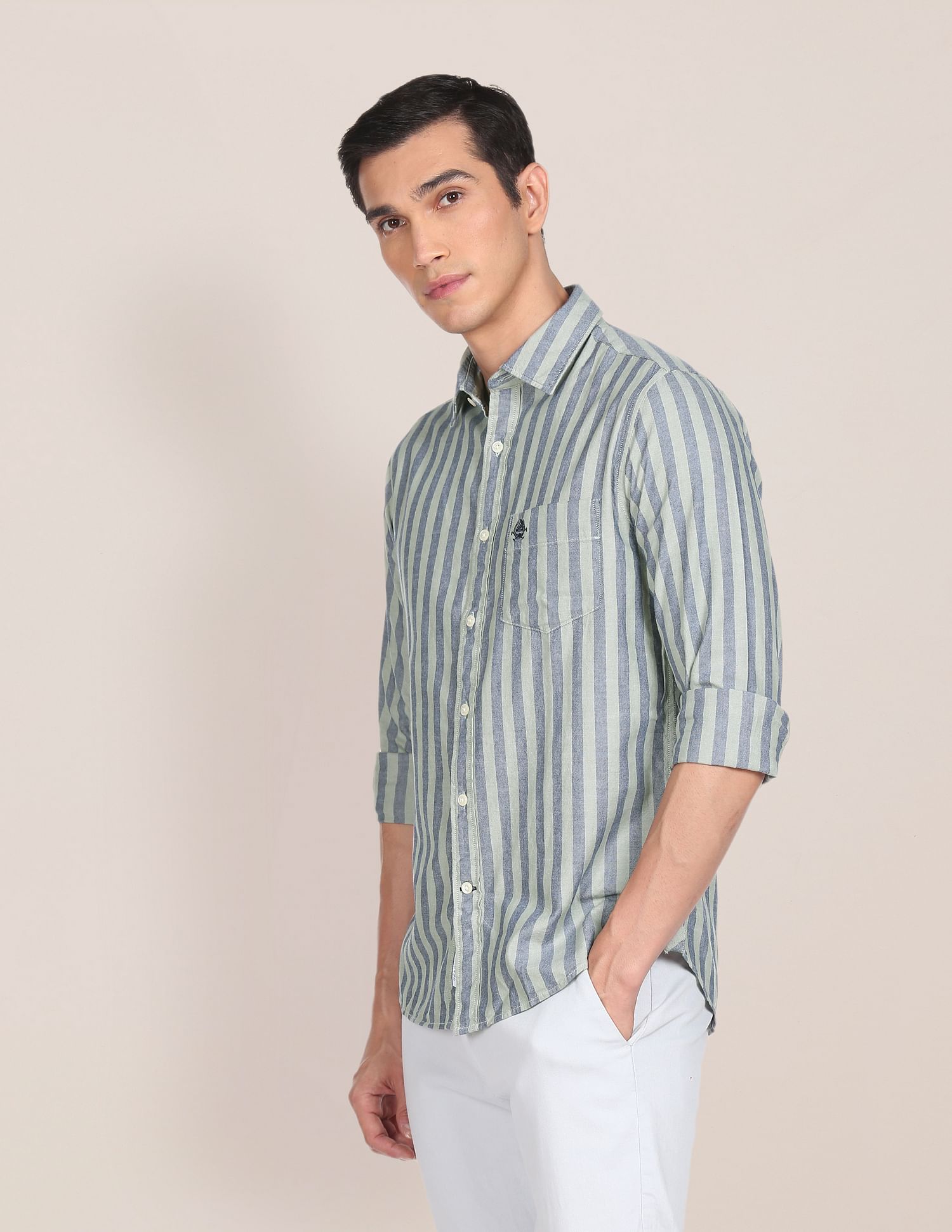 Men Green And Navy Tailored Regular Fit Striped Casual Shirt Green and Navy - U.S. POLO ASSN. | Large