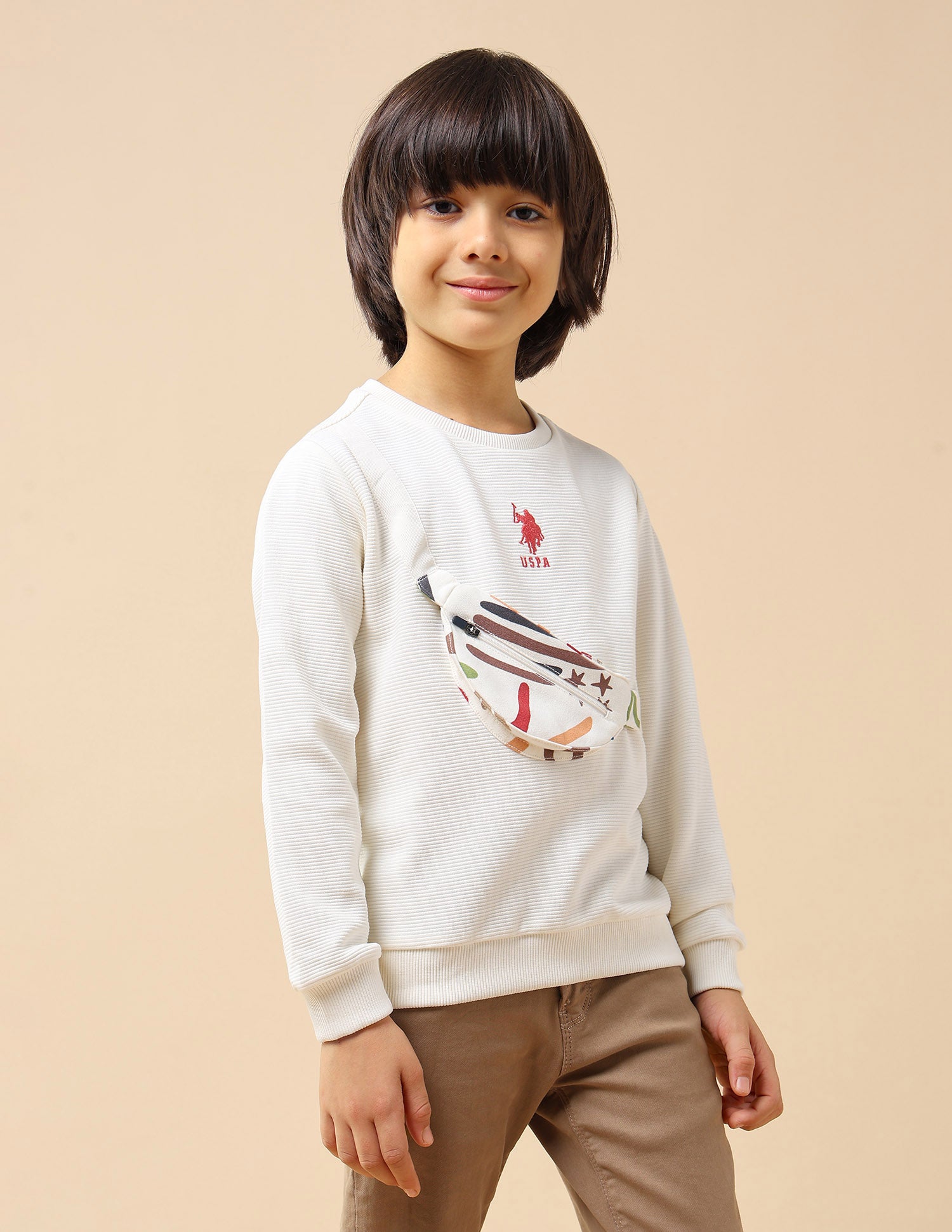 Boys Textured patterned Knit Regular Fit Sweatshirt Off White - U.S. POLO ASSN. | Large