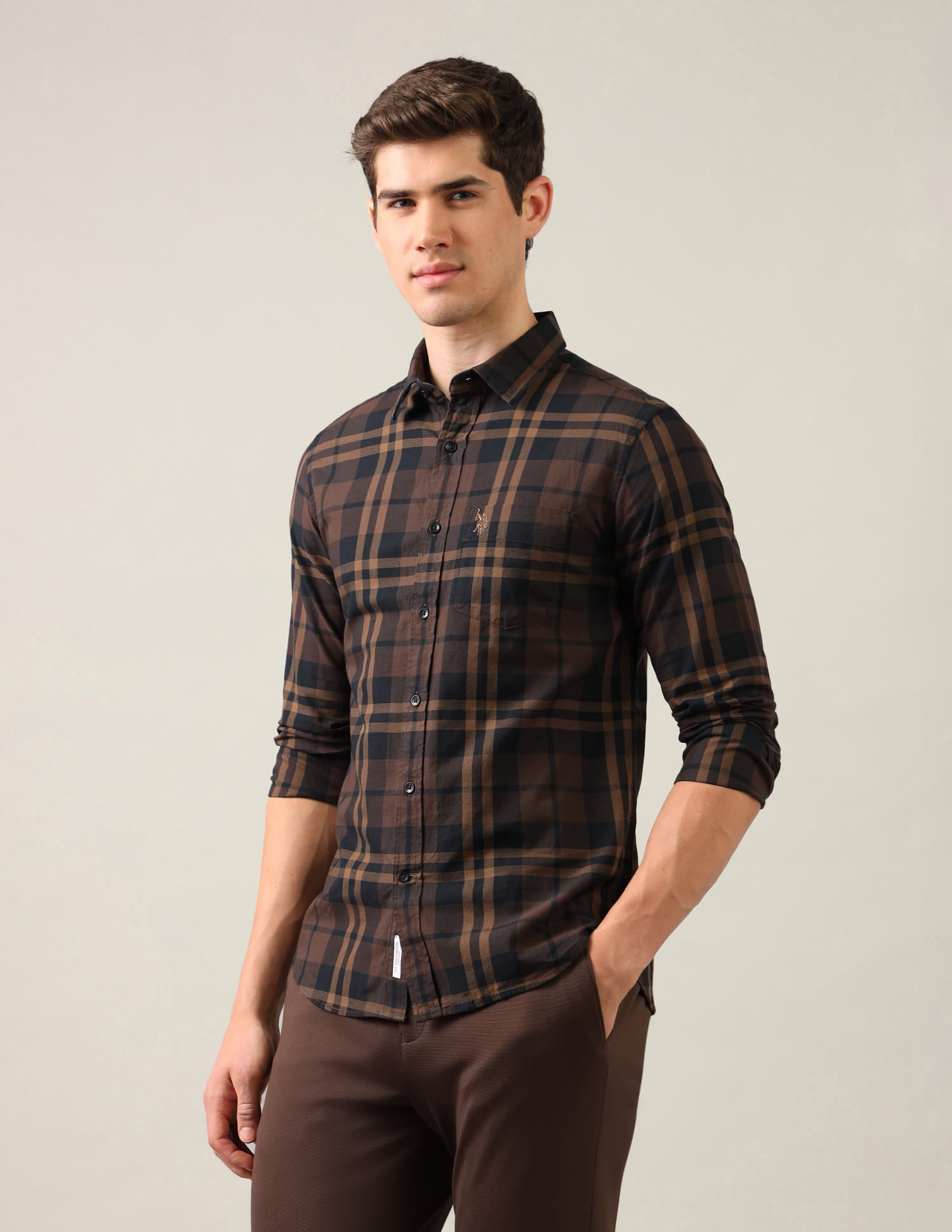 Grid Tattersall Checked Regular Fit Shirt Brown - U.S. Polo Assn. India | Large