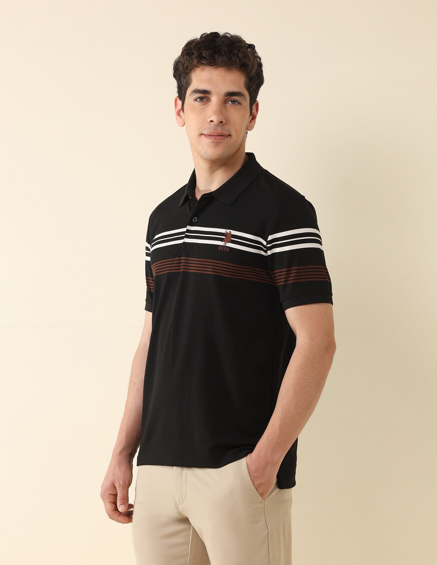 Horizontal Striped Modern Monochrome Polo Shirt Black - U.S. Polo Assn. India | Large