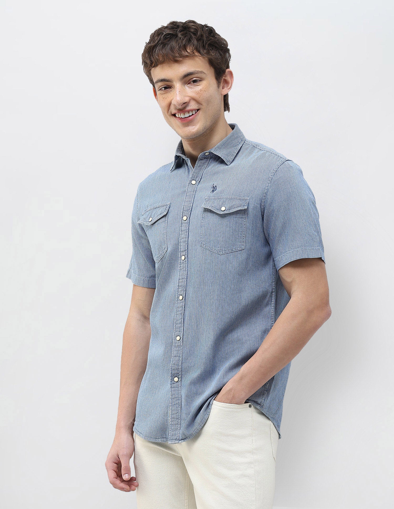 Regular Fit Self Design Vertical Striped Shirt Indigo - U.S. Polo Assn. India | Large