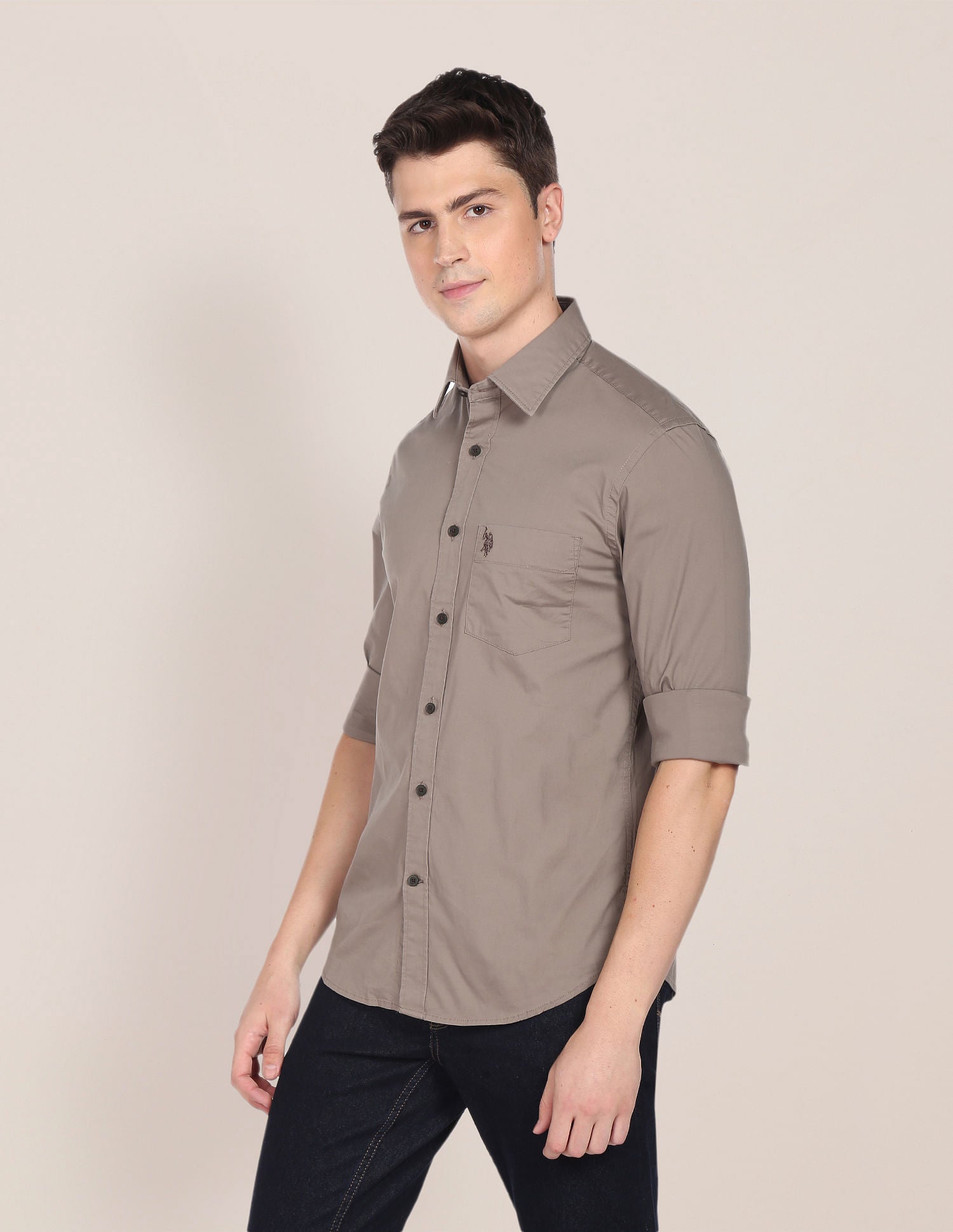 Slim Fit Solid Casual Shirt Taupe - U.S. Polo Assn. India | Large