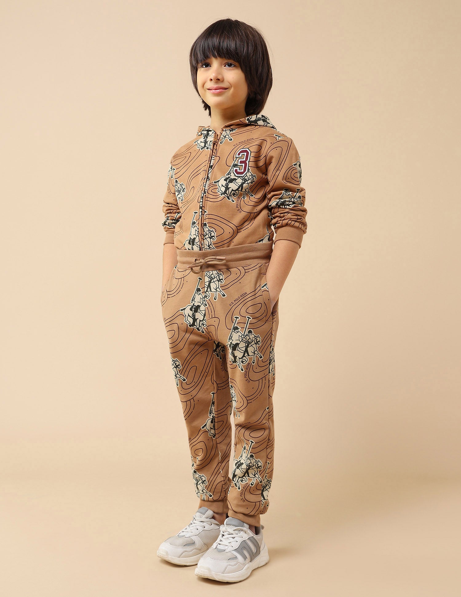 Boys Graphic Brand Printed Regular Fit Joggers Light Brown - U.S. POLO ASSN. | Large