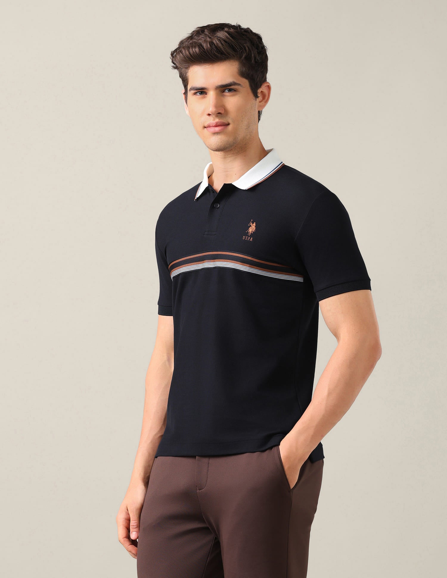Solid With Stripe Detail Slim Fit Polo Shirt Blue - U.S. Polo Assn. India | Large