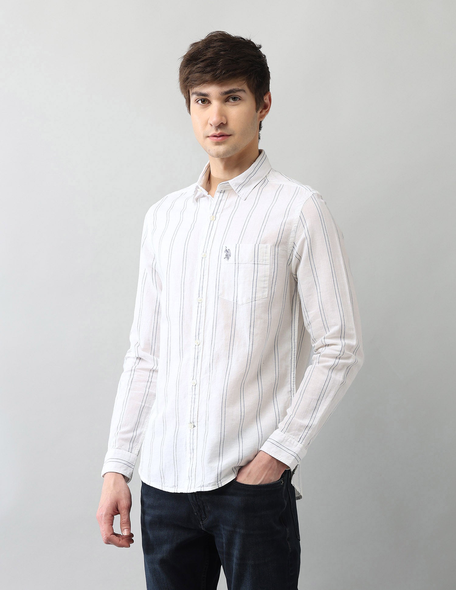 Vertical Striped Regular Fit Poplin Shirt White - U.S. Polo Assn. India | Large
