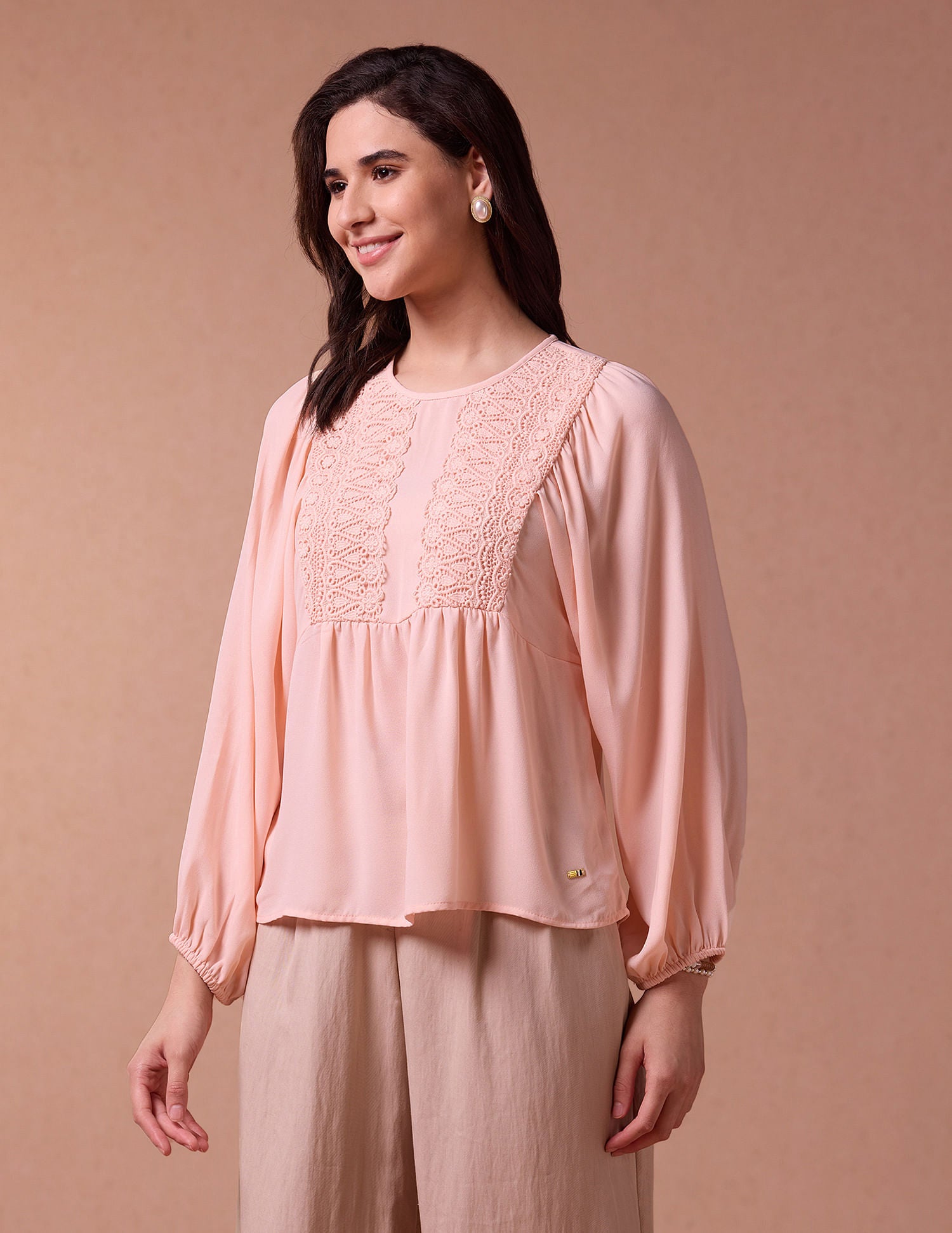 Loose Fit Lace Yoke Top Peach - U.S. POLO ASSN. | Large