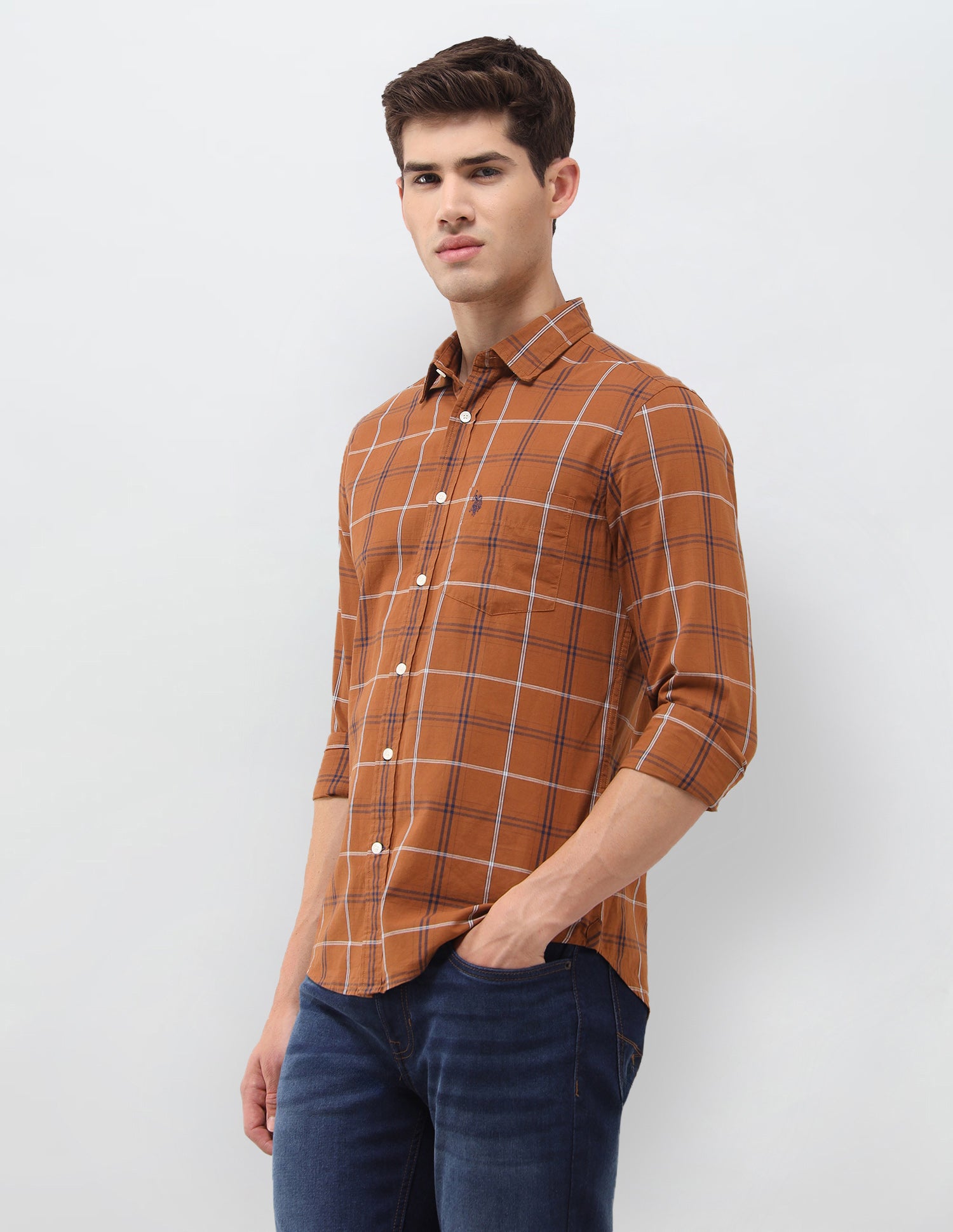 Grid Tattersall Checked Poplin Shirt Brown - U.S. Polo Assn. India | Large