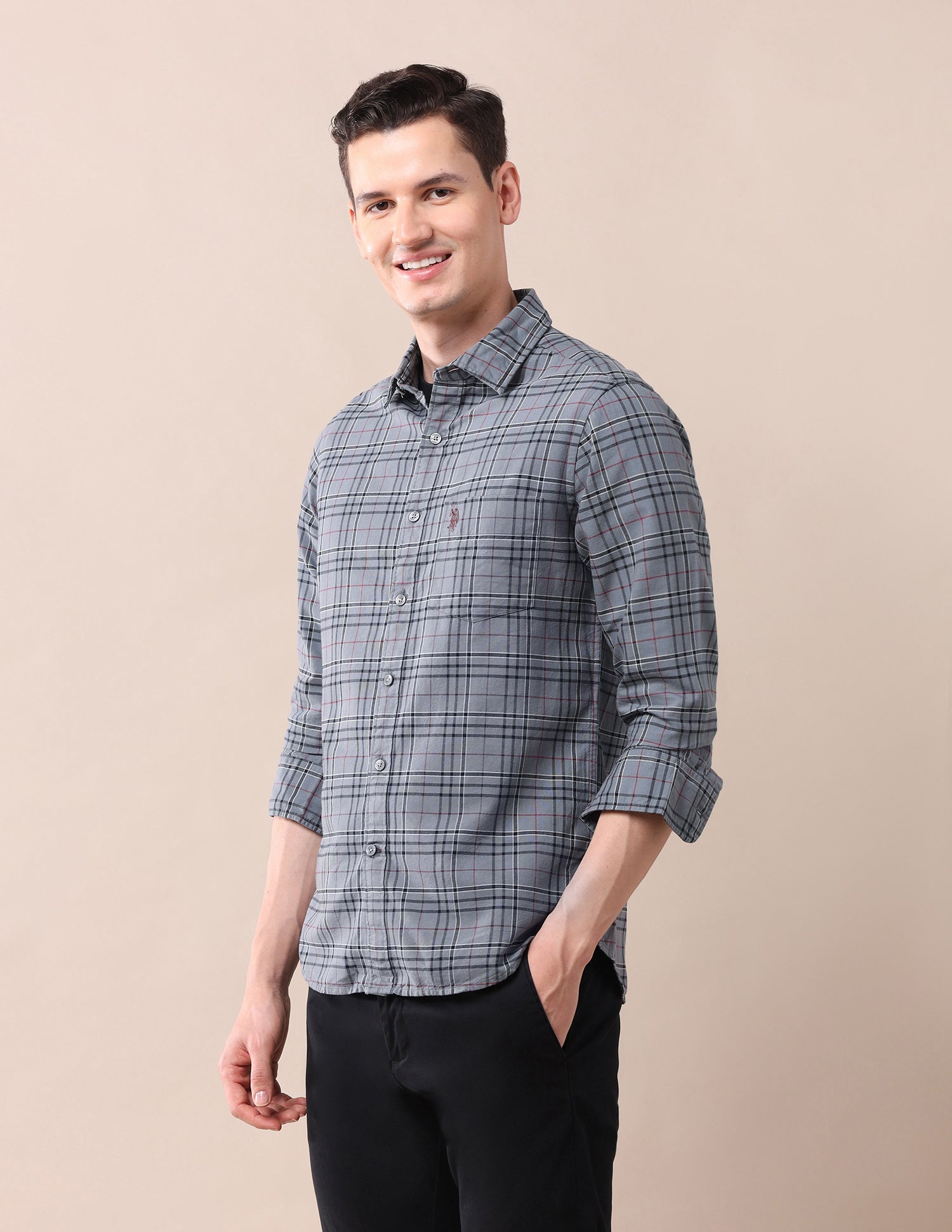 Grid Tattersall Checked Tailored Fit Oxford Shirt Grey - U.S. POLO ASSN. | Large