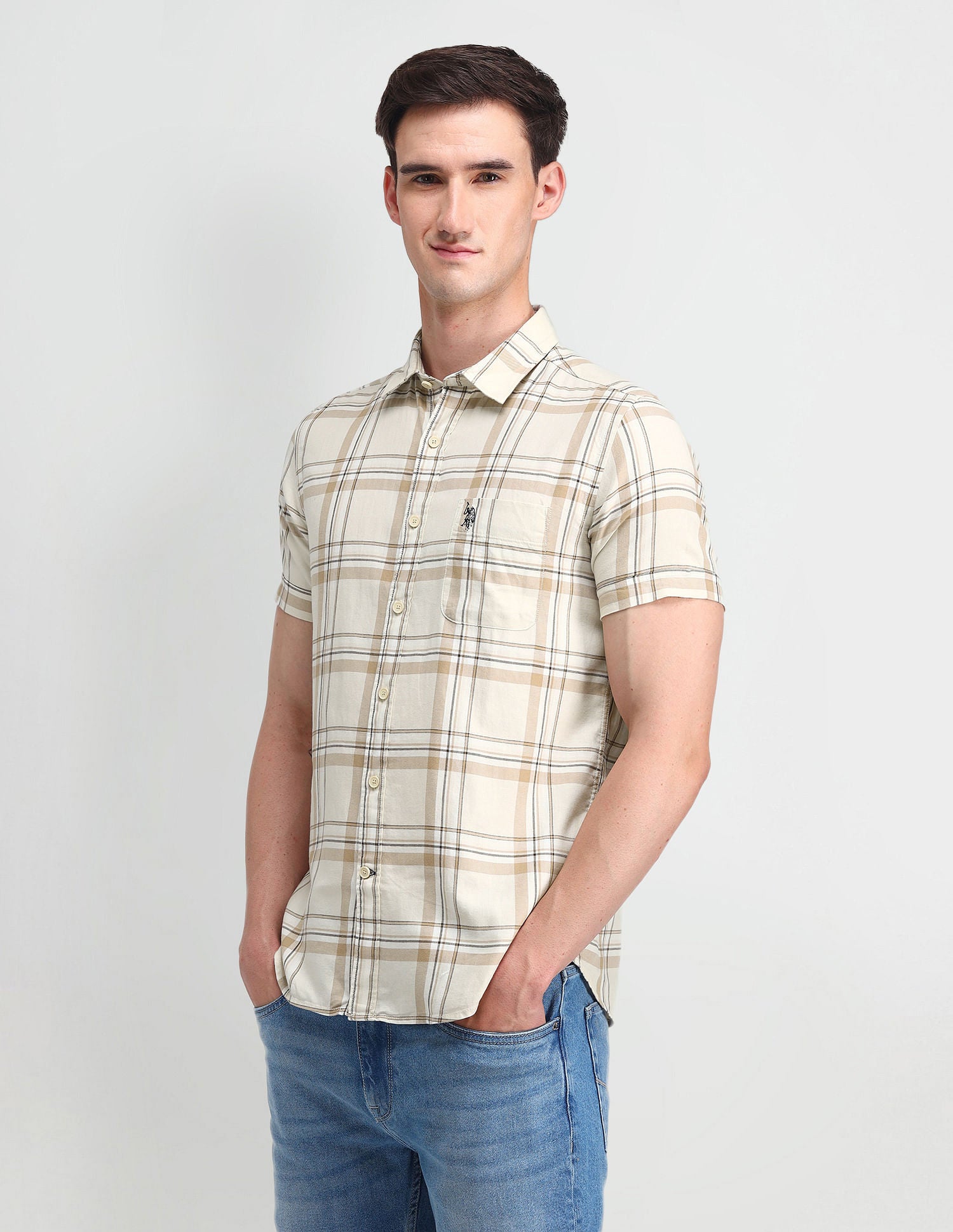 Tartan Checked Slim Fit Shirt Ecru - U.S. Polo Assn. India | Large