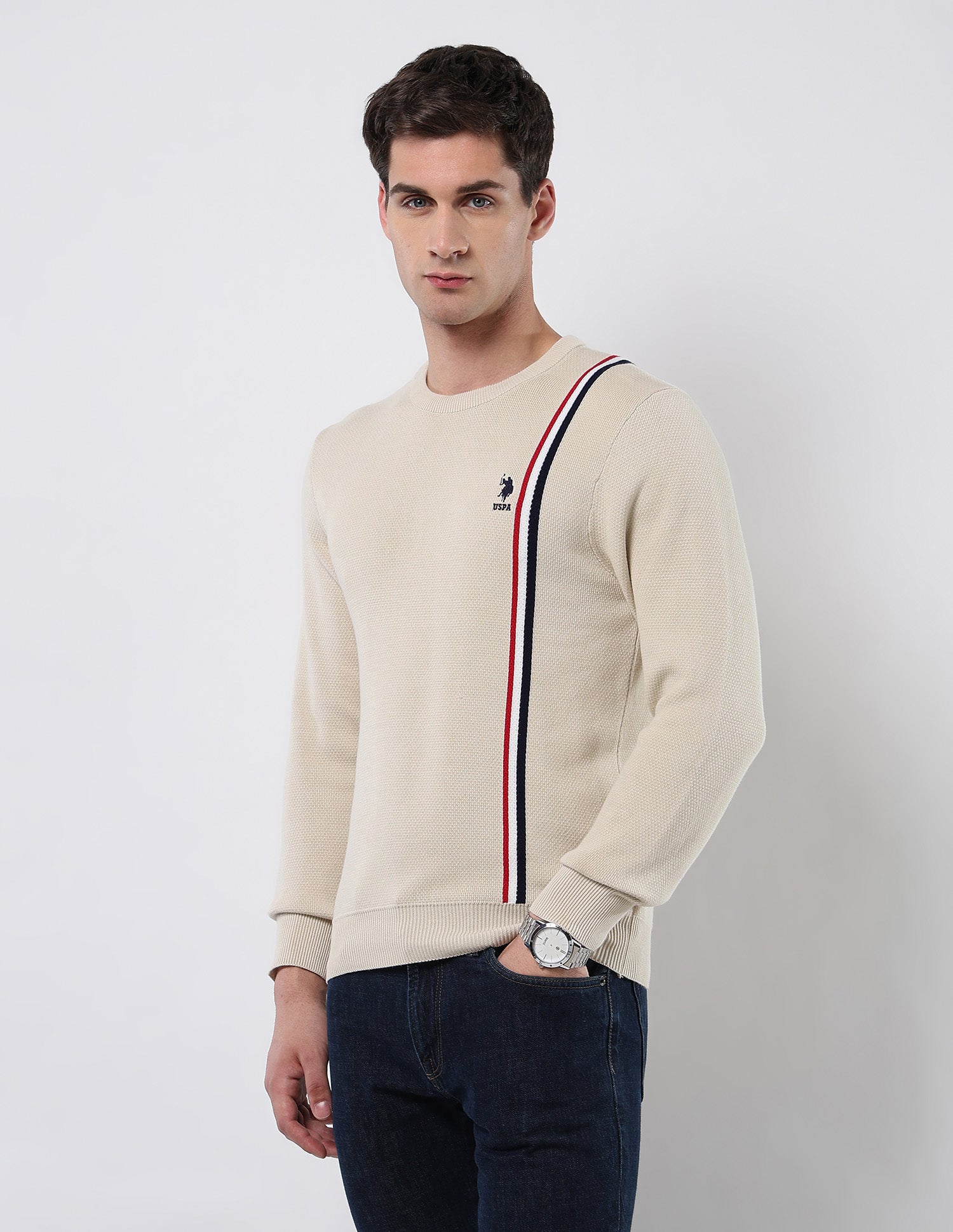 Vertical Striped Patterned Knit Sweater Beige - U.S. POLO ASSN. | Large