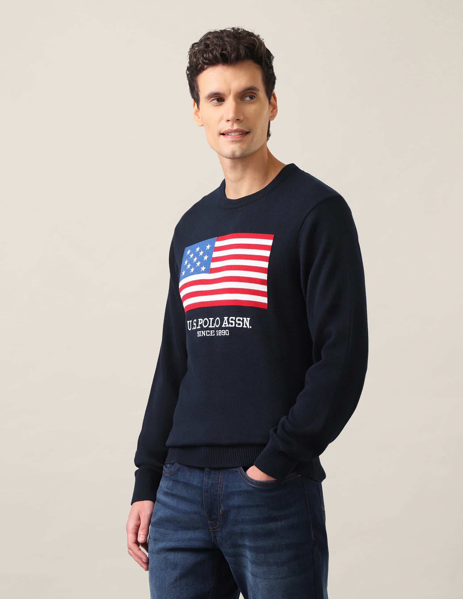 Crew Neck Brand Embroidered Sweater Navy - U.S. Polo Assn. India | Large