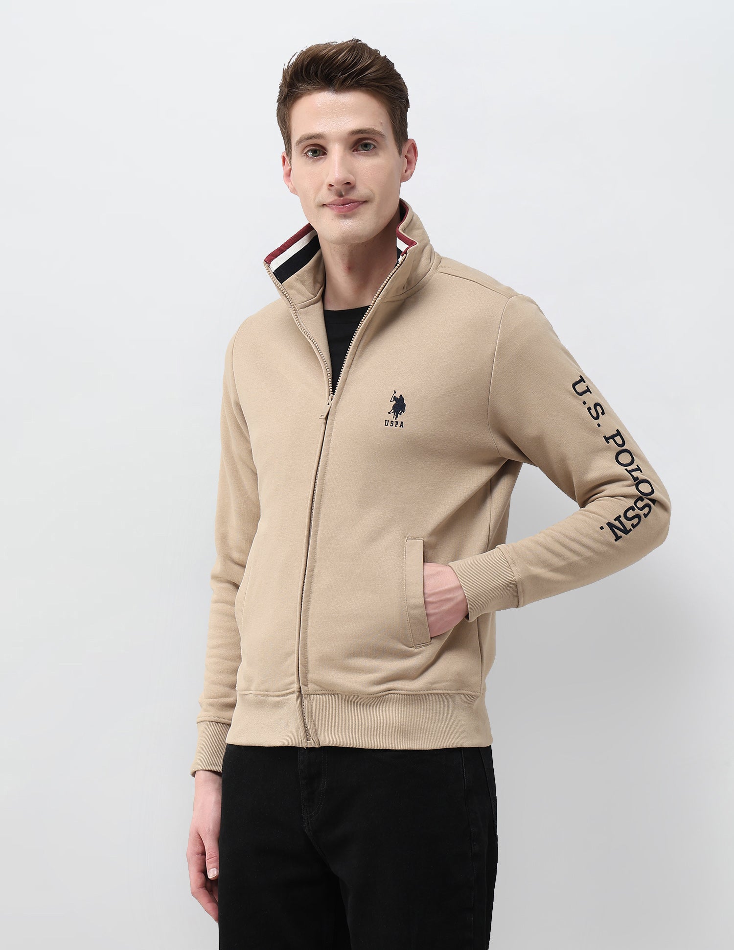 Brand Embroidered Zipper Sweatshirt Beige - U.S. Polo Assn. India | Large