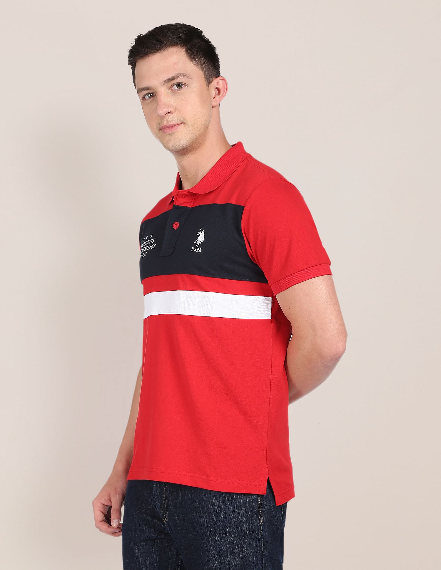 Colour Block Cotton Polo Shirt Red - U.S. POLO ASSN. | Large