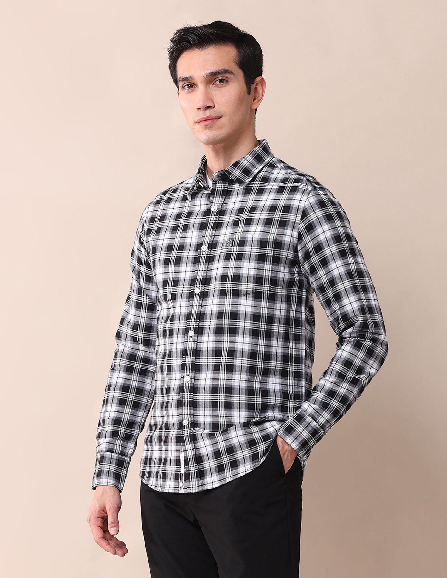 Tailored Fit Twill Checked Shirt Black - U.S. Polo Assn. India | Large