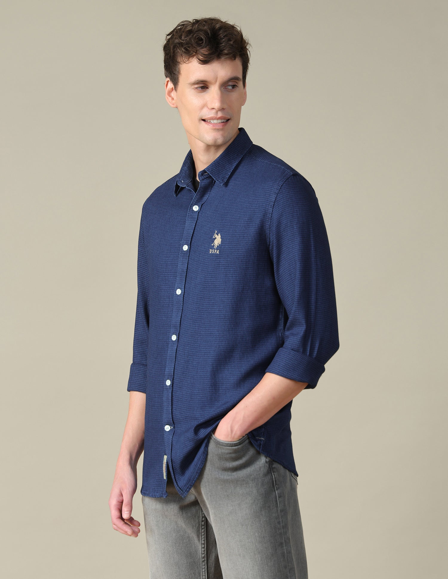 Self Design Houndstooth Twill Shirt Indigo - U.S. Polo Assn. India | Large