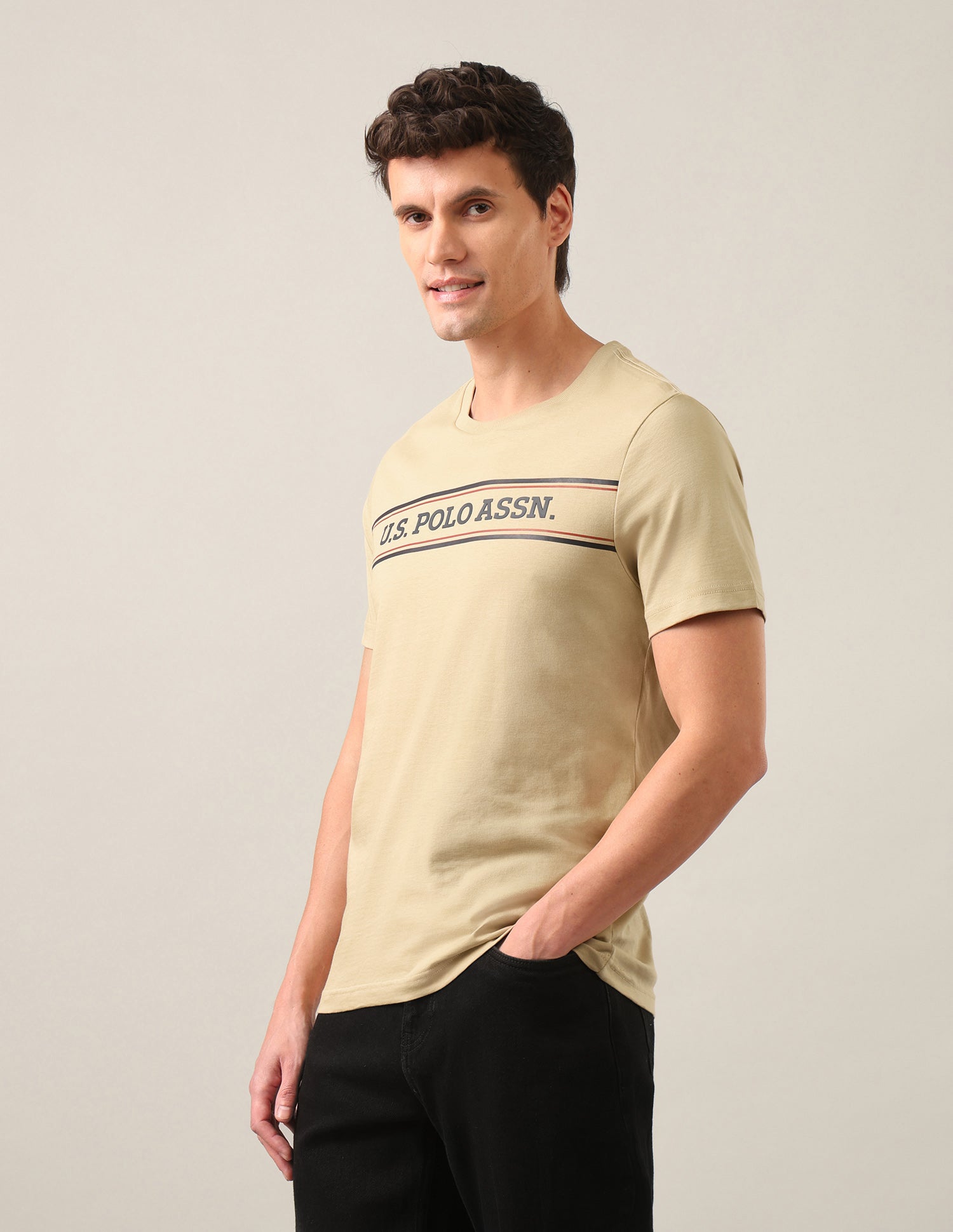 Brand Embossed Regular Fit T-Shirt Beige - U.S. Polo Assn. India | Large