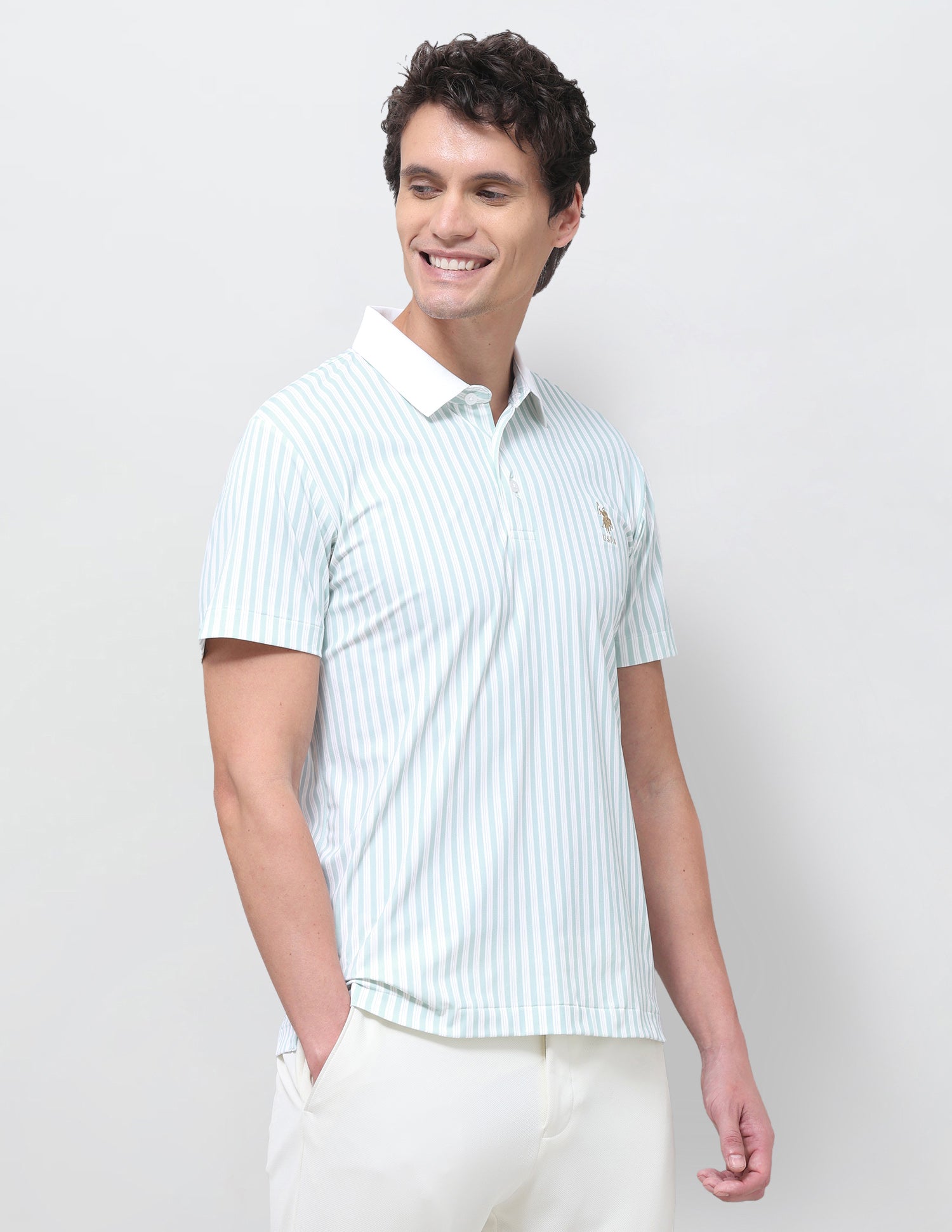 Vertical Striped Slim Fit Polo Shirt Light Green - U.S. Polo Assn. India | Large