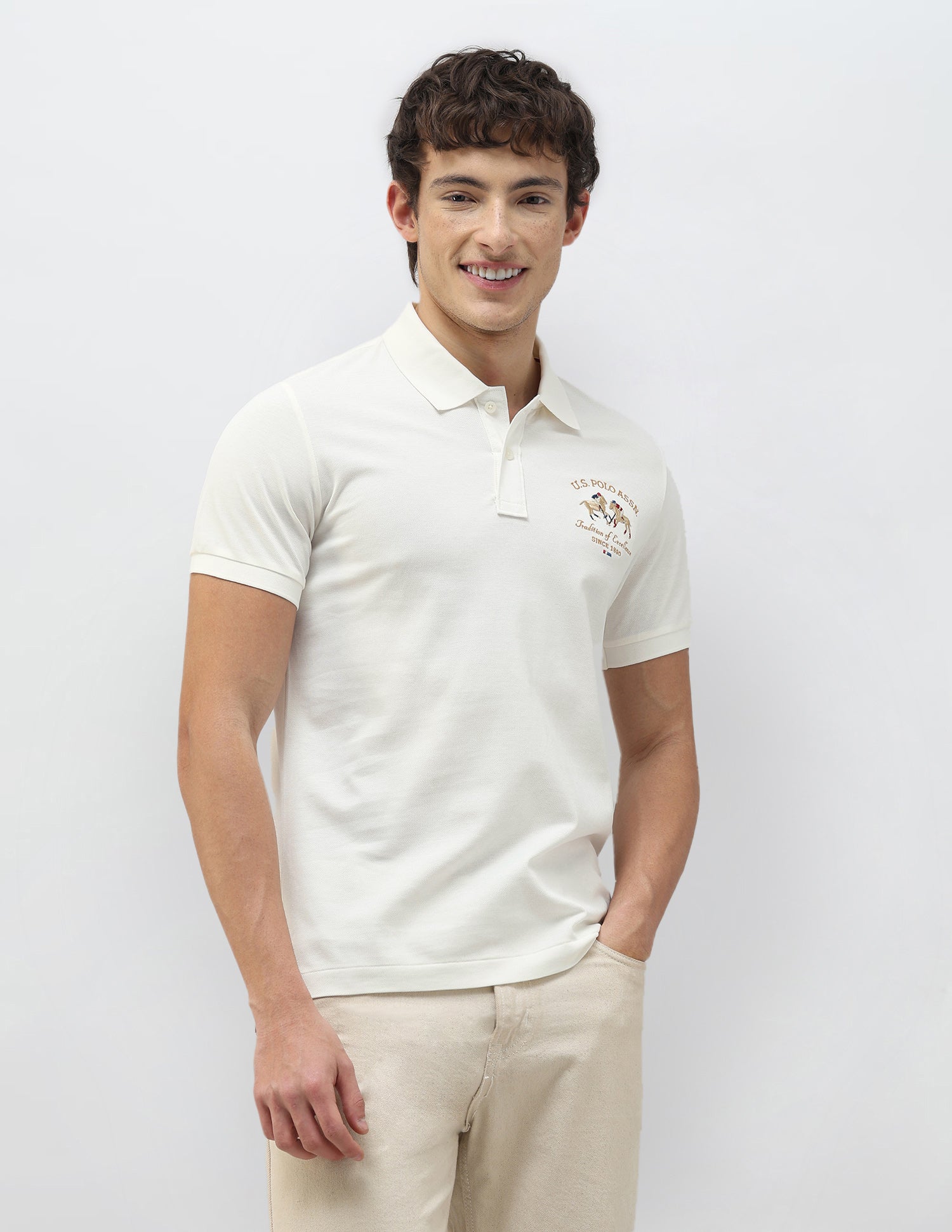 New Port Marina Brand Embroidered Polo Shirt Off White - U.S. Polo Assn. India | Large