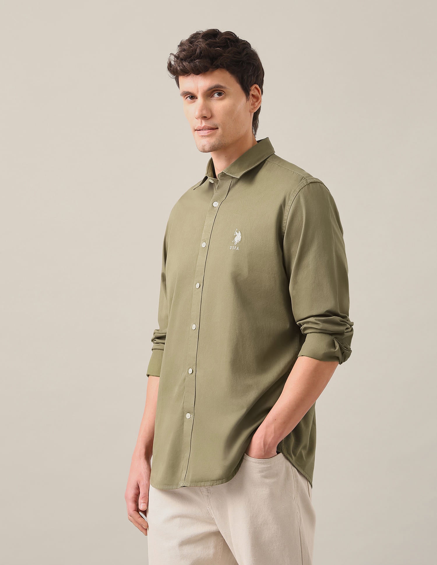 Slim Fit Cotton Shirt Dark Green - U.S. Polo Assn. India | Large