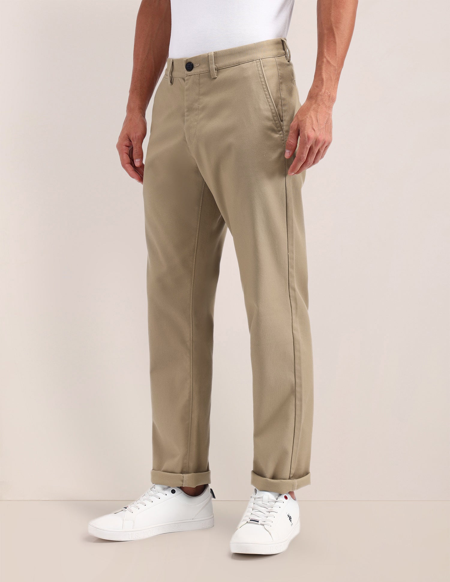 Riley Straight Fit Solid Trousers Khaki - U.S. POLO ASSN. | Large