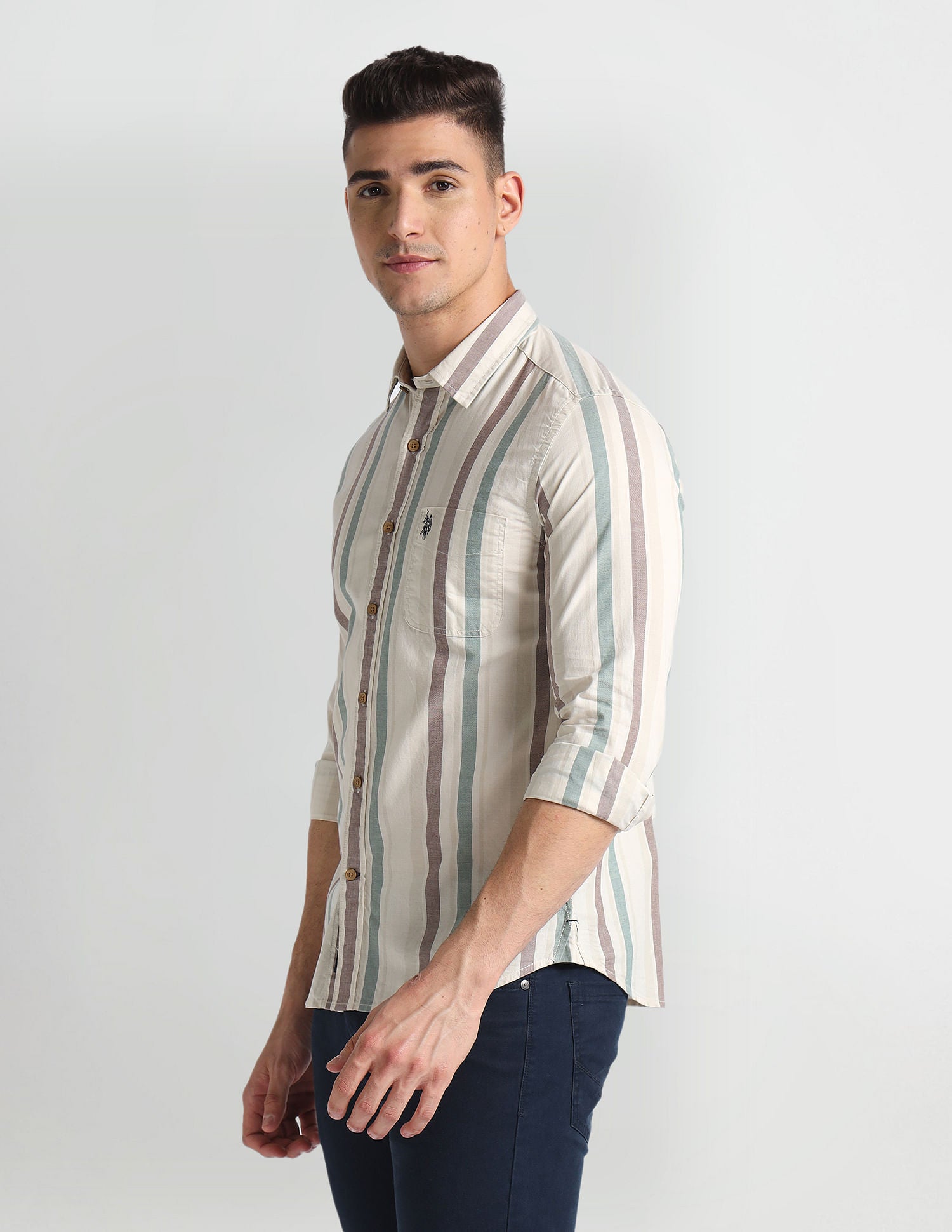 Vertical Stripe Slim Fit Shirt Green, White and Brown - U.S. Polo Assn. India | Large