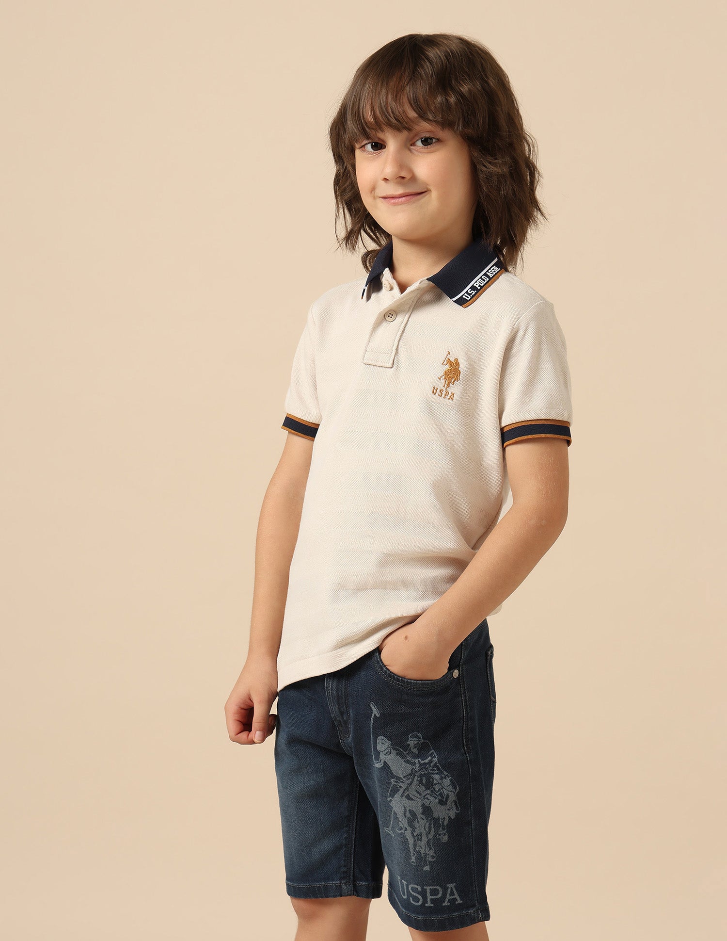 Boys Textured Pure Cotton Polo Shirt Ecru - U.S. POLO ASSN. | Large