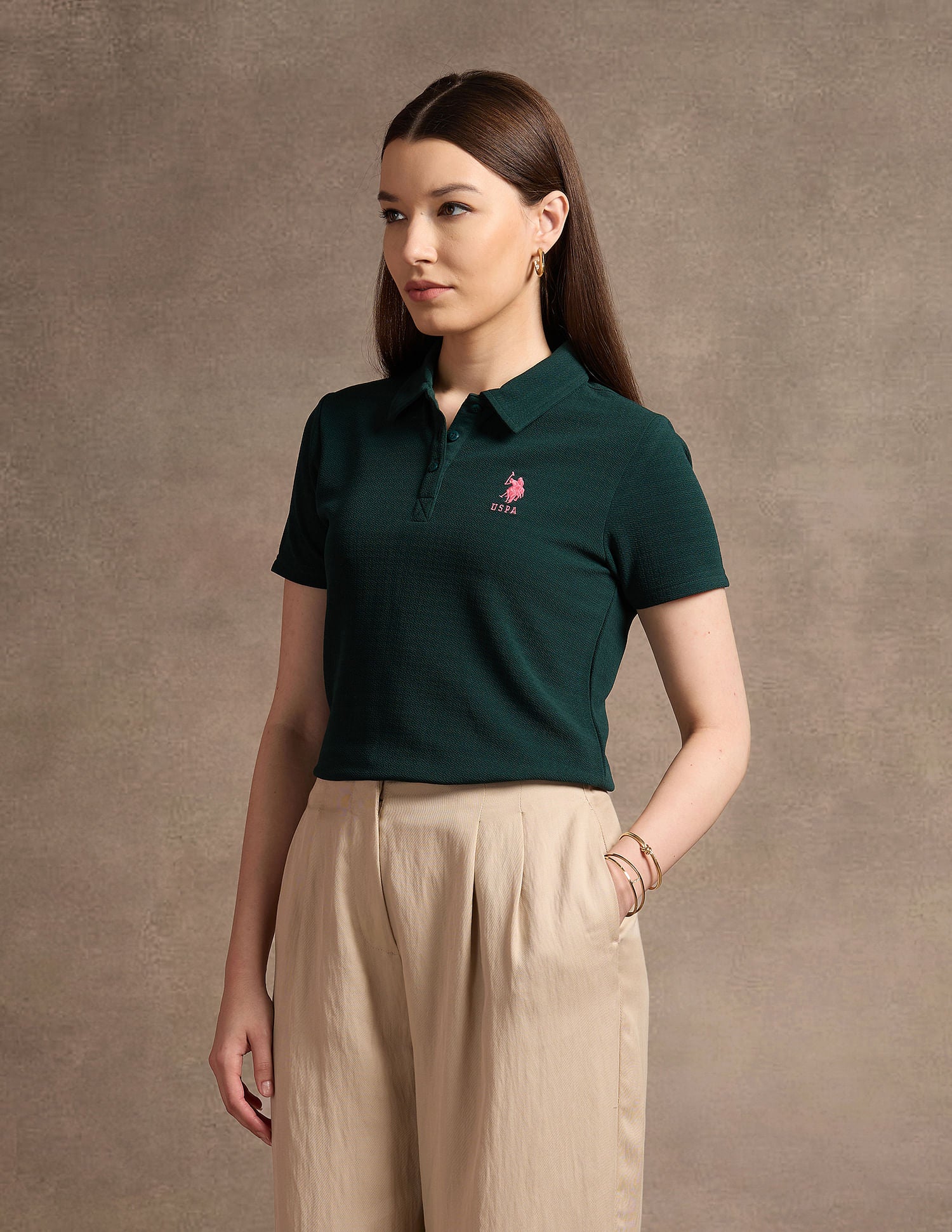 Contrast Logo Textured Polo Shirt Dark Green - U.S. POLO ASSN. | Large