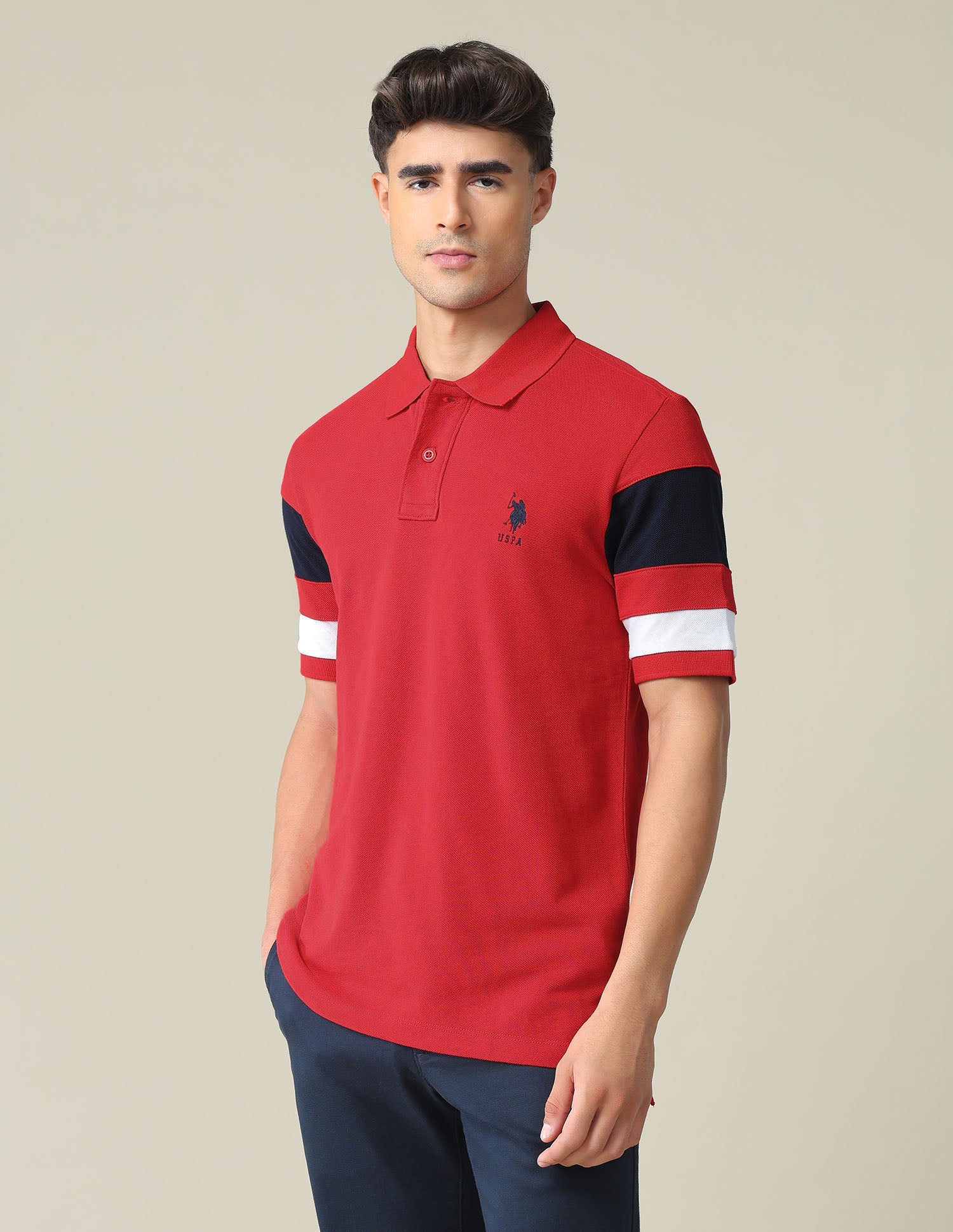 Striped Sleeve Cotton Polo Shirt Red - U.S. POLO ASSN. | Large