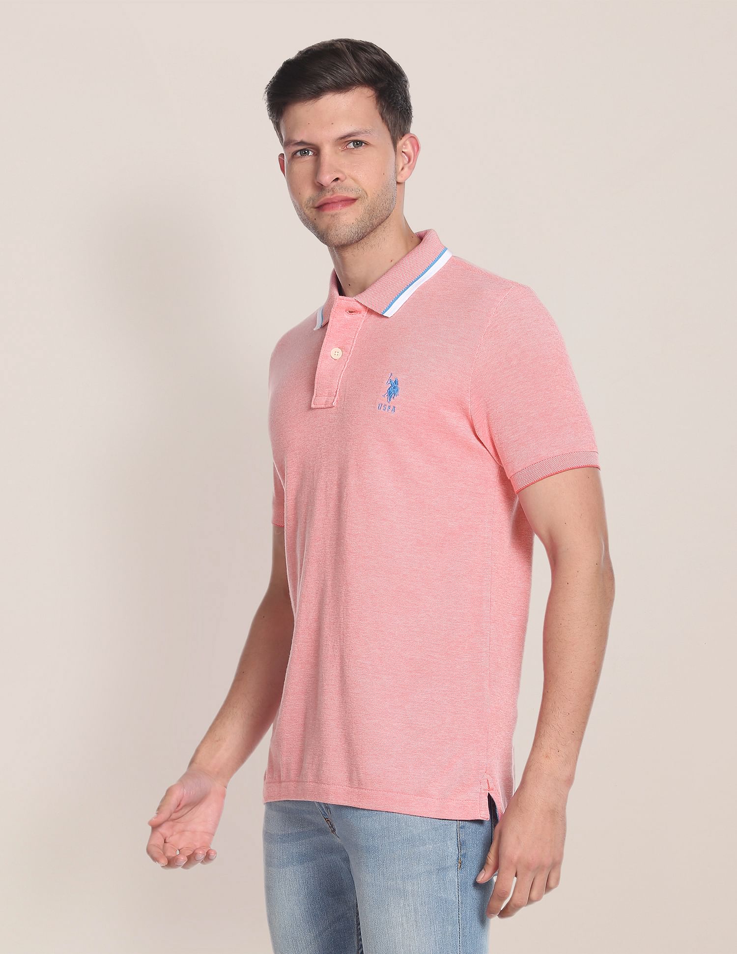 Striped Collar Birdseye Polo Shirt Pink - U.S. Polo Assn. India | Large