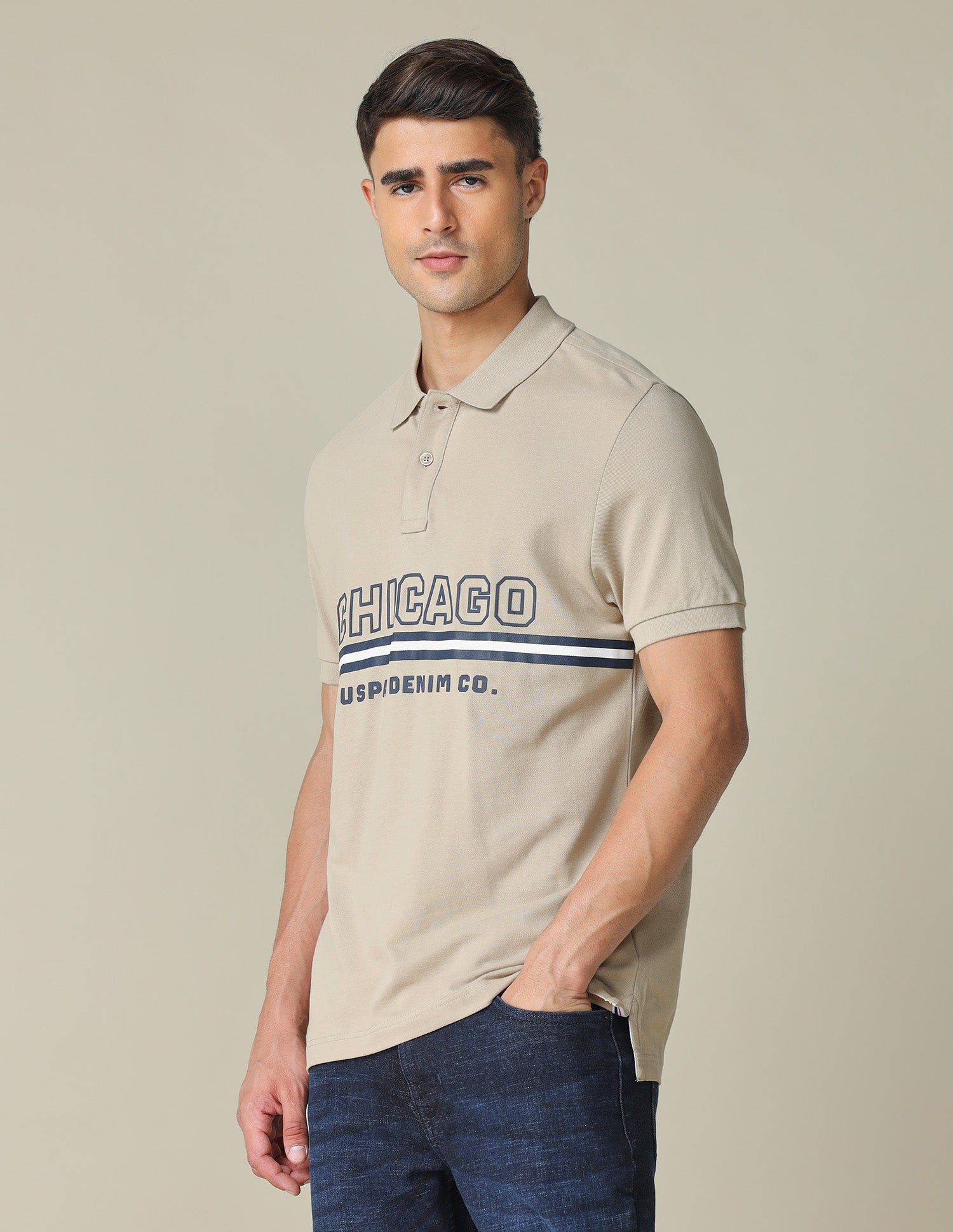 Muscle Fit Typographic Printed Polo Shirt Beige - U.S. POLO ASSN. | Large