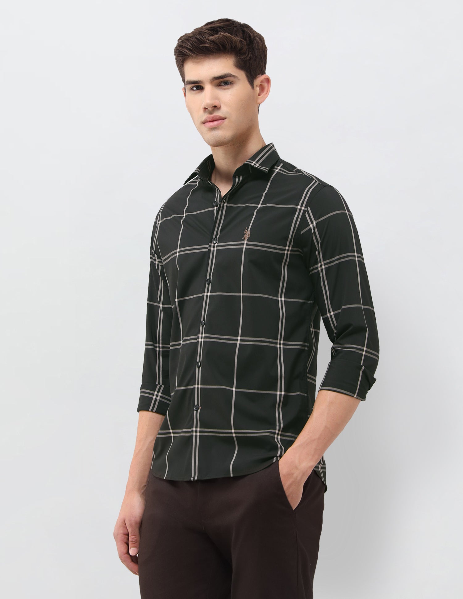 Grid Tattersall Checked Regular Fit Shirt Dark Olive - U.S. Polo Assn. India | Large