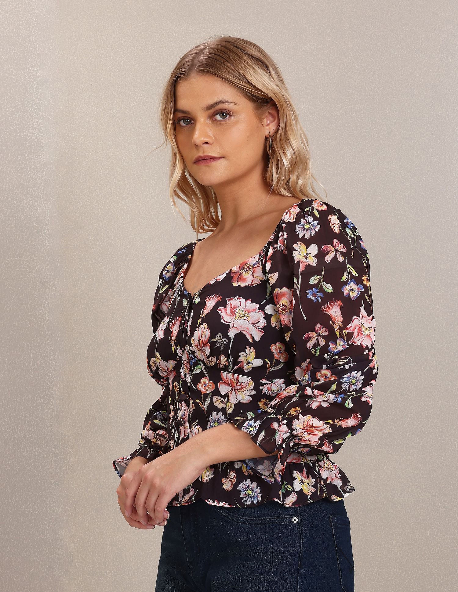 Long Sleeve Floral Print Top Black - U.S. POLO ASSN. | Large