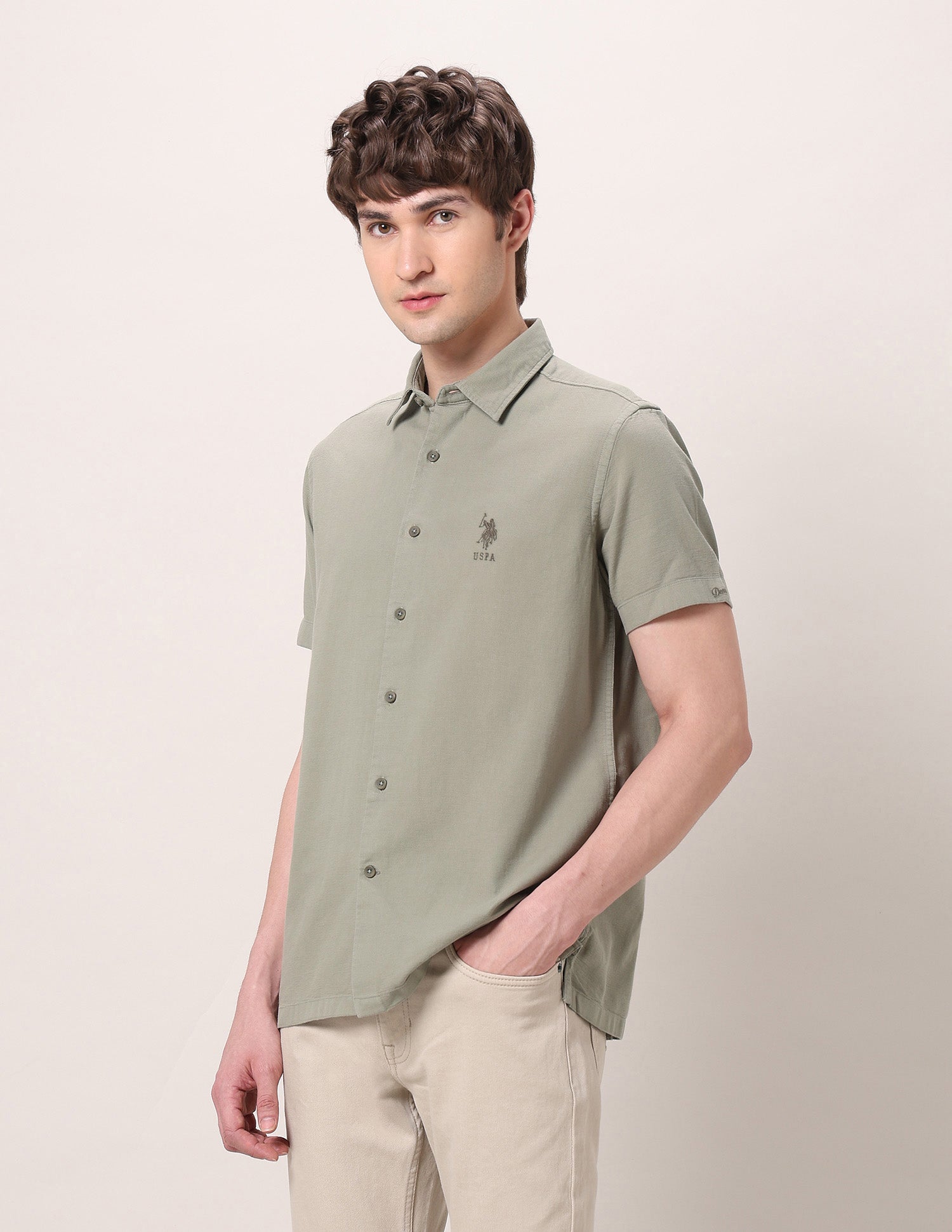 Pure Cotton Dobby Shirt Light Olive - U.S. Polo Assn. India | Large