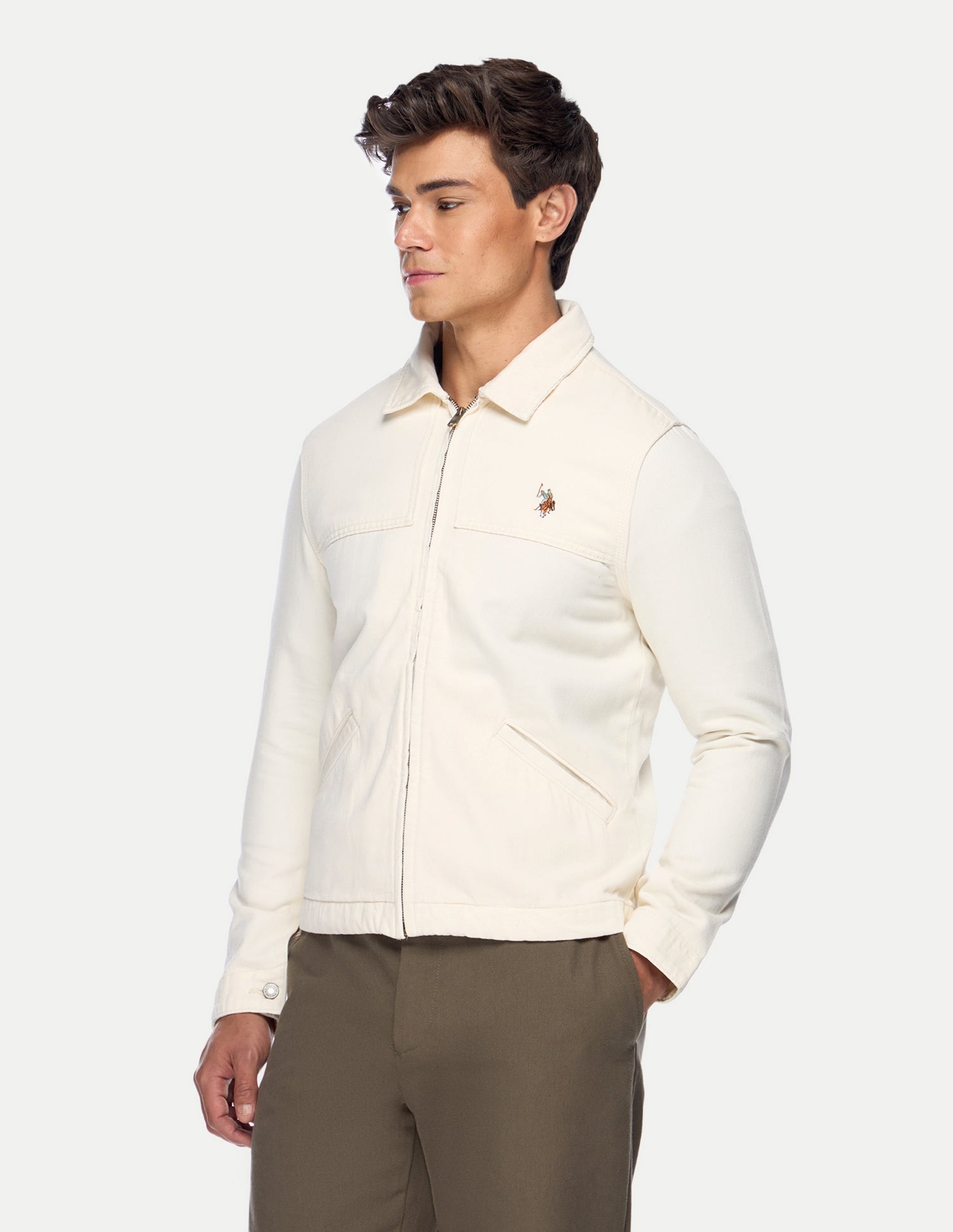 Solid Regular Fit Trucker Jacket Ecru - U.S. Polo Assn. India | Large